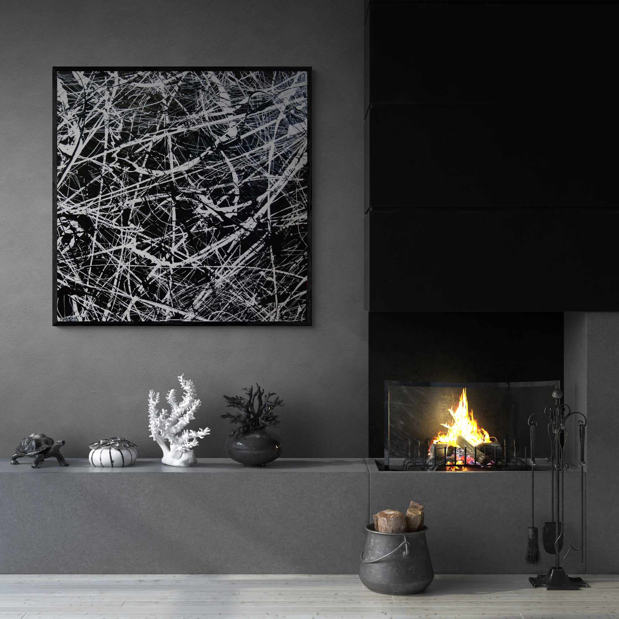 Scatter Brain Squared 150cm x 150cm Black White Textured Abstract Painting (SOLD)-Abstract-Franko-[huge]-[Australian]-[best Selling]-Franklin Art Studio