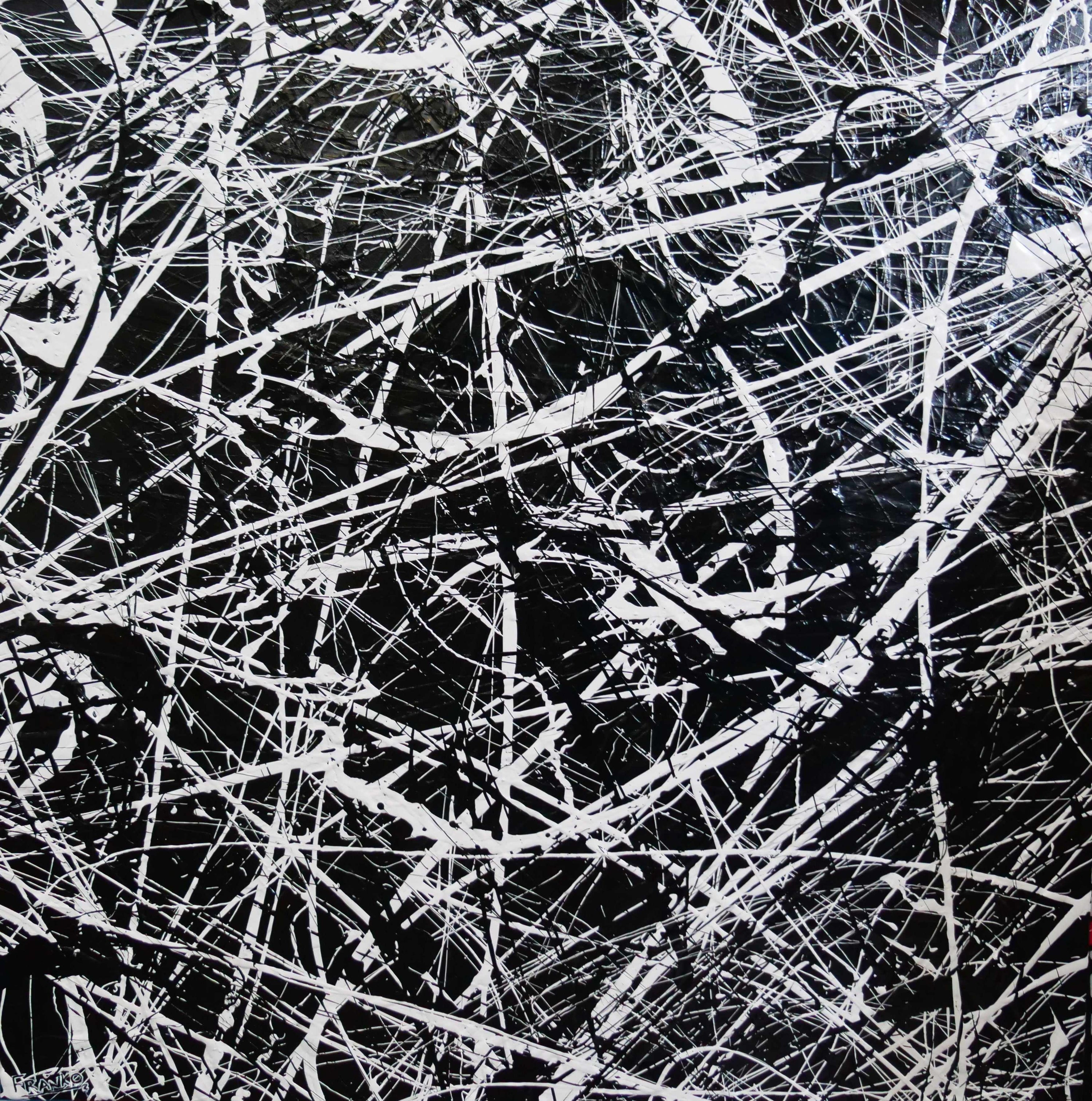 Scatter Brain Squared 150cm x 150cm Black White Textured Abstract Painting-Abstract-Franko-[Franko]-[Australia_Art]-[Art_Lovers_Australia]-Franklin Art Studio