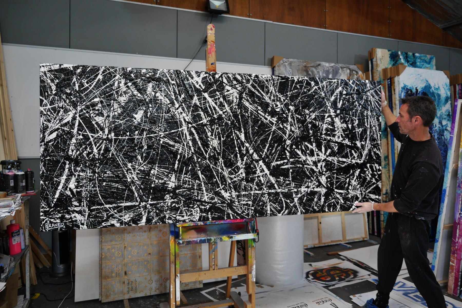 Scatter Brainer 240cm x 100cm Black White Minimalist Textured Abstract Painting (SOLD)-Abstract-[Franko_Artist]-[The_Block]-[Dream_Homes]-[ideas]- [Grand_Designs]-Franklin Art Studio
