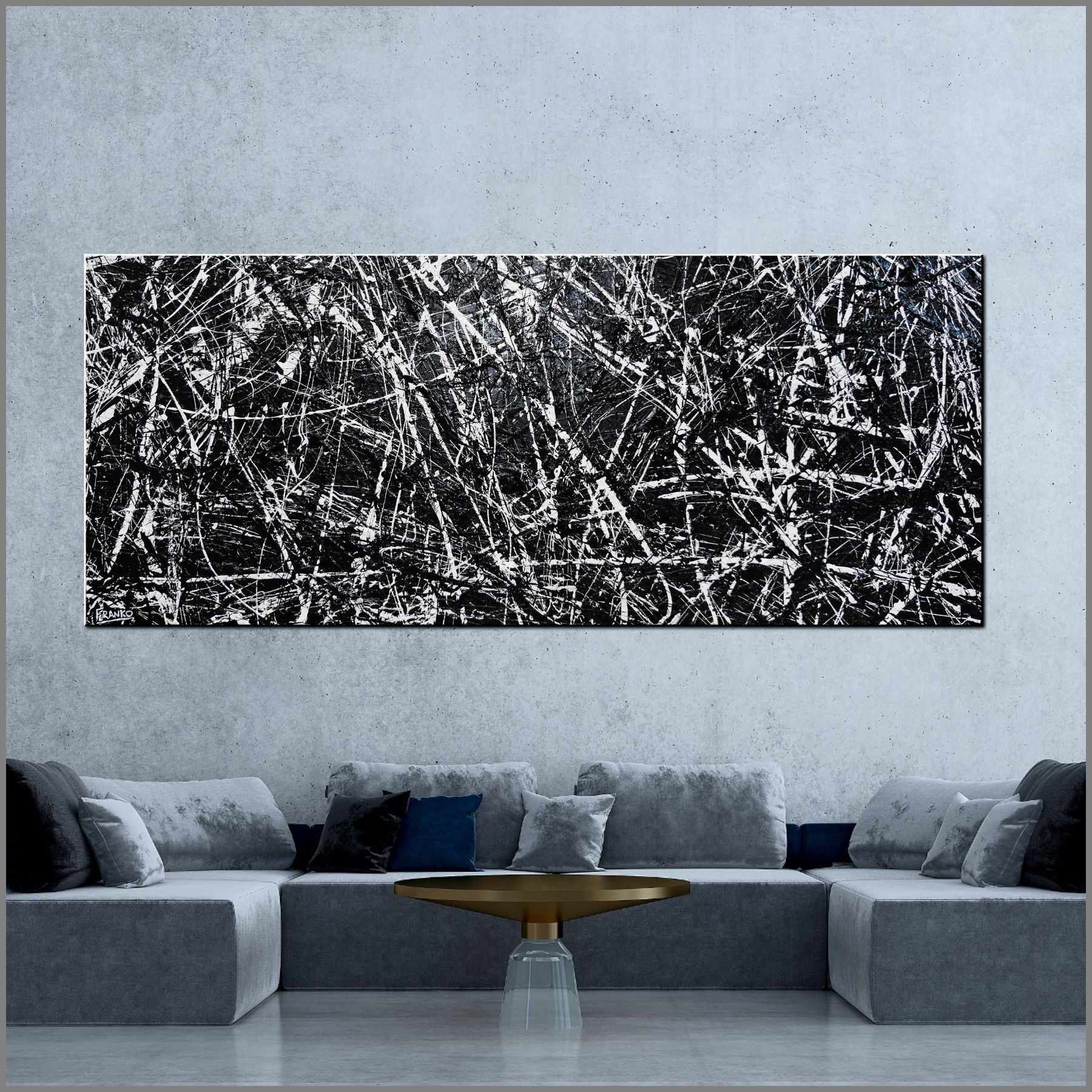 Scatter Brainer 240cm x 100cm Black White Minimalist Textured Abstract Painting (SOLD)-Abstract-Franko-[Franko]-[huge_art]-[Australia]-Franklin Art Studio
