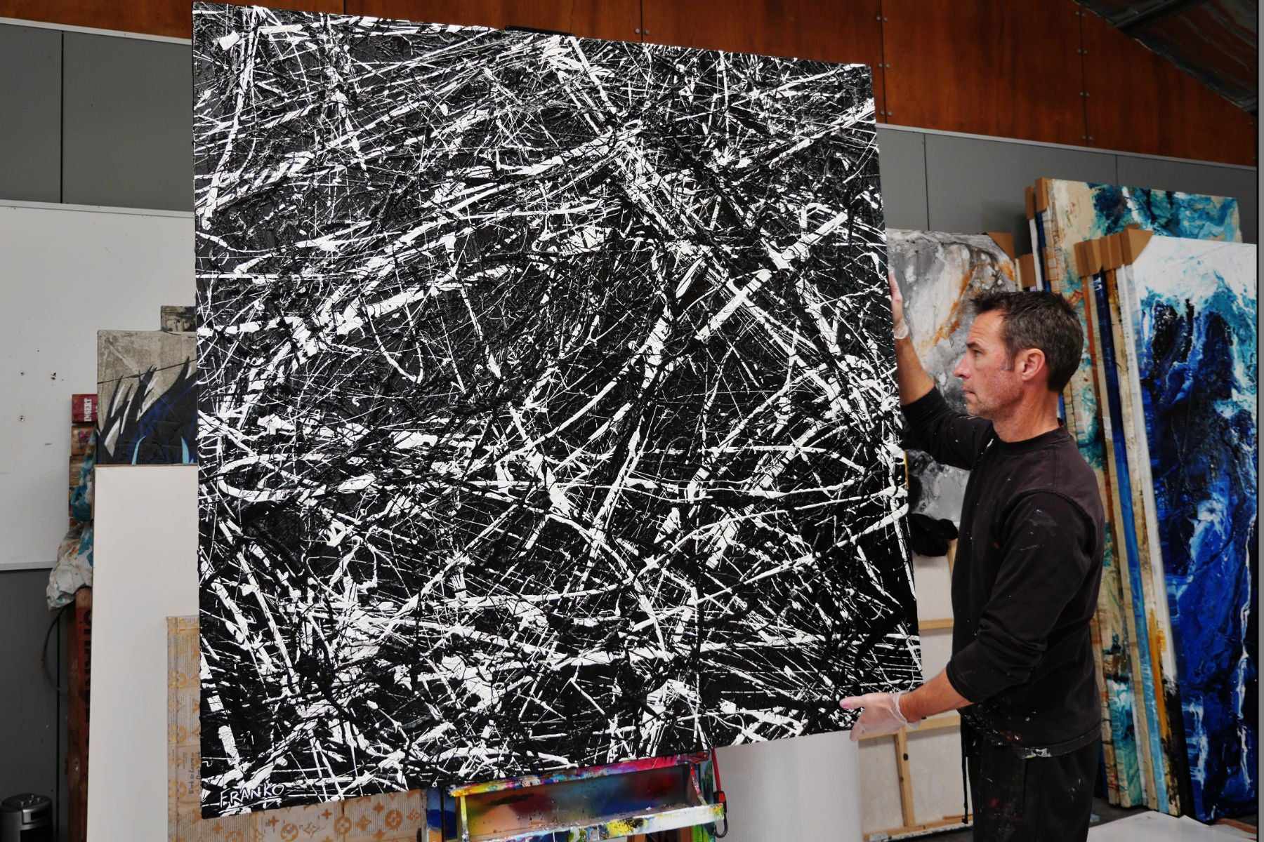 Scattergate 150cm x 150cm Black White Textured Abstract Painting (SOLD)-Abstract-Franko-[franko_artist]-[Art]-[interior_design]-Franklin Art Studio