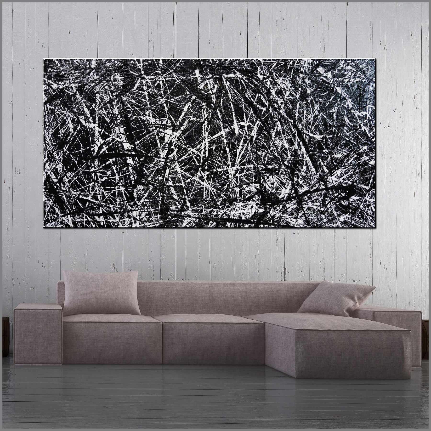 Scattergories 240cm x 120cm White Black Textured Abstract Painting (SOLD)-Abstract-Franko-[franko_artist]-[Art]-[interior_design]-Franklin Art Studio