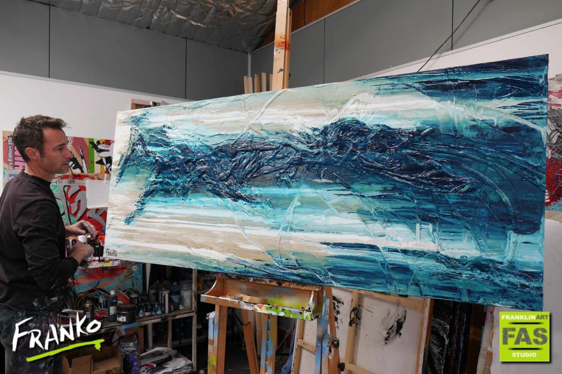 Seasoned Malt 200cm x 80cm Cream White Blue Textured Abstract Painting (SOLD)-Abstract-[Franko Artist]-[Gold Coast]-[Brisbane]-[Huge]-Franklin Art Studio