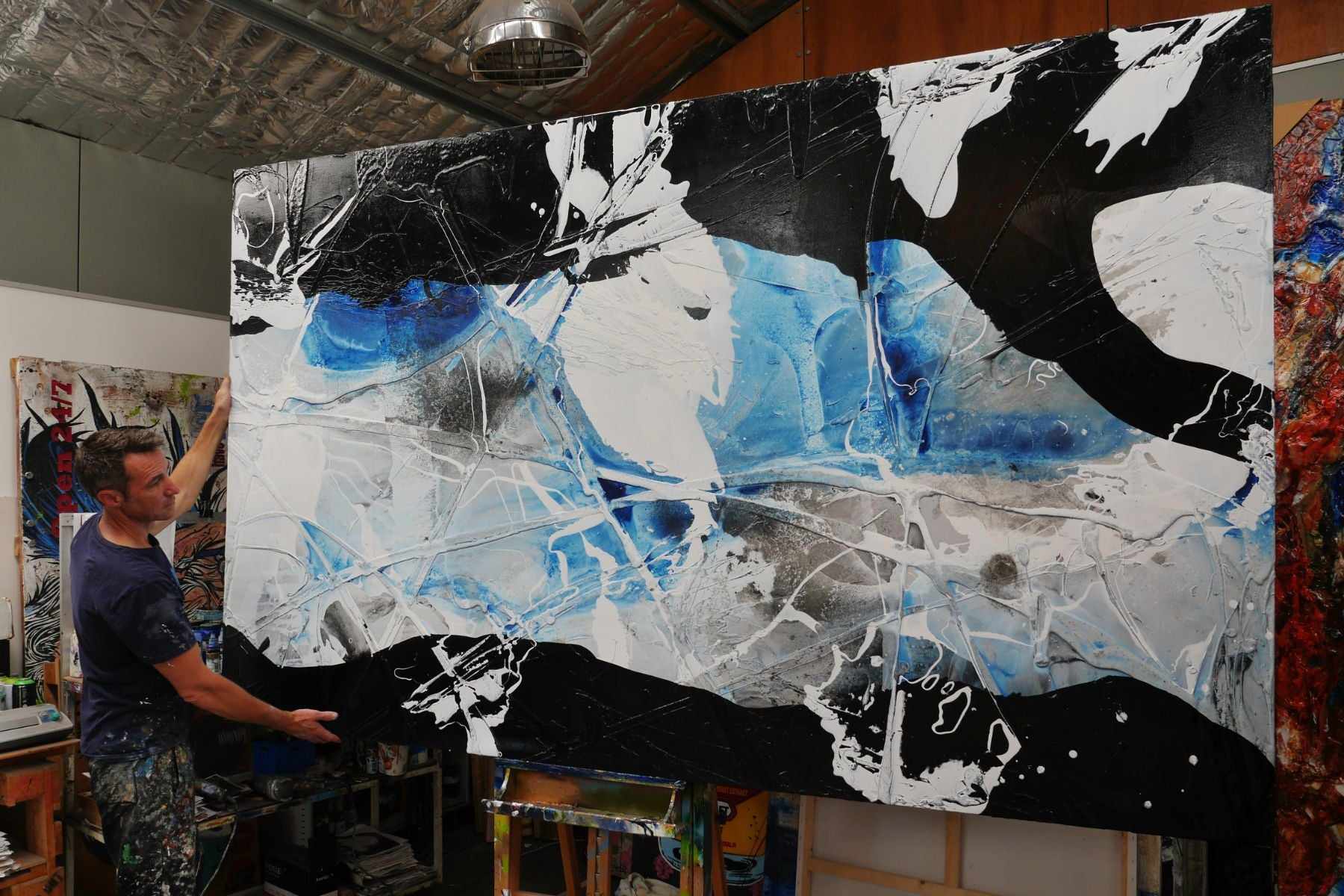 Shredded Powder 280cm x 170cm Blue Black White Textured Abstract Painting (SOLD)-Abstract-[Franko Artist]-[Gold Coast]-[Brisbane]-[Huge]-Franklin Art Studio