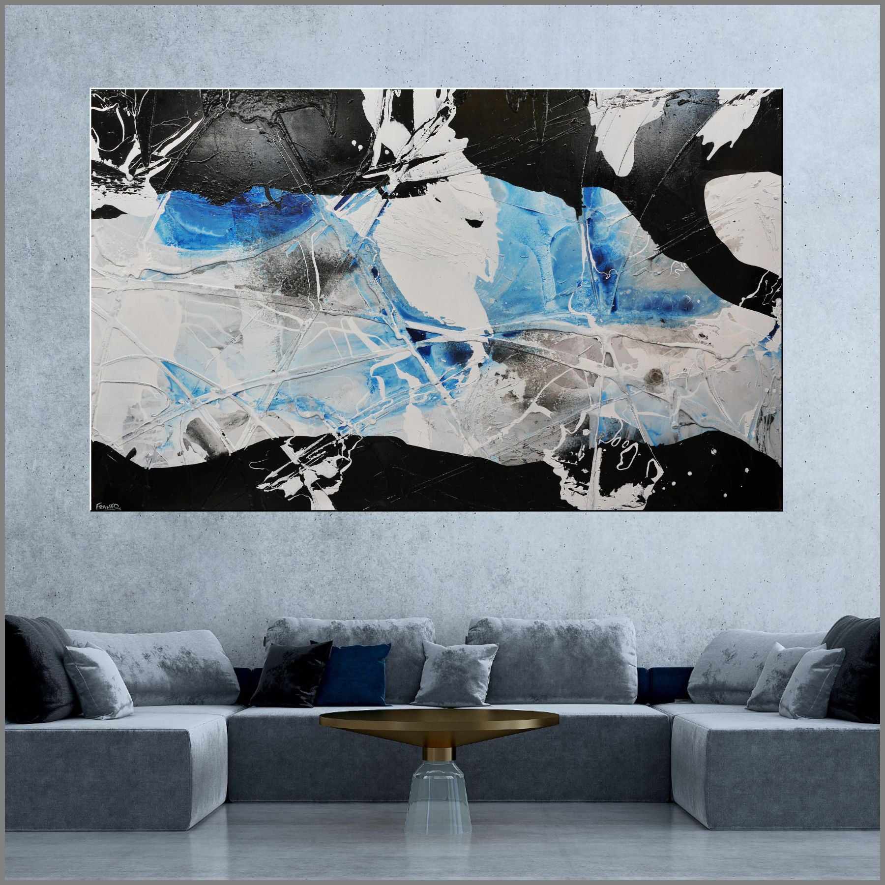 Shredded Powder 280cm x 170cm Blue Black White Textured Abstract Painting (SOLD)-Abstract-Franko-[huge]-[Australian]-[best Selling]-Franklin Art Studio