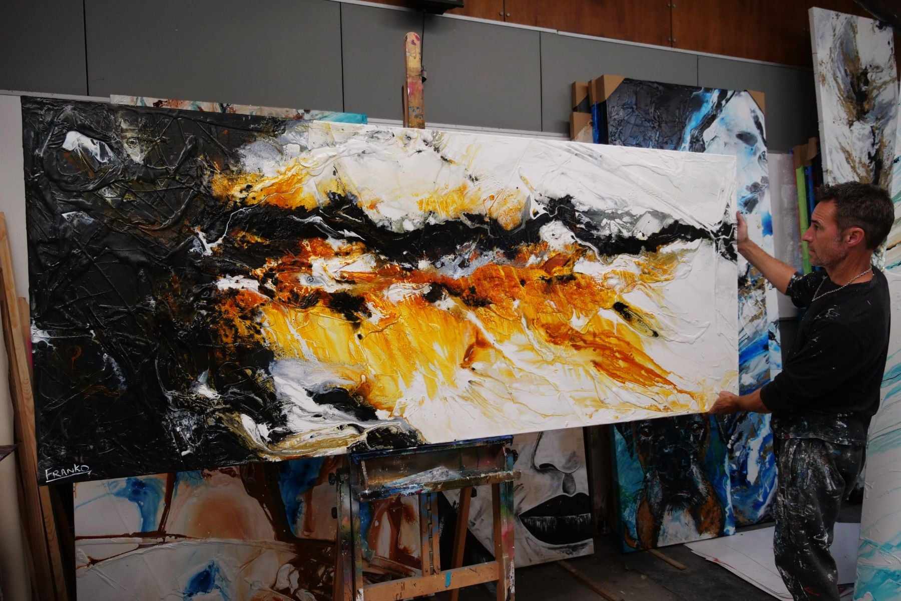 Sienna Power 240cm x 100cm Sienna Black White Textured Abstract Painting (SOLD)-Abstract-Franko-[franko_artist]-[Art]-[interior_design]-Franklin Art Studio