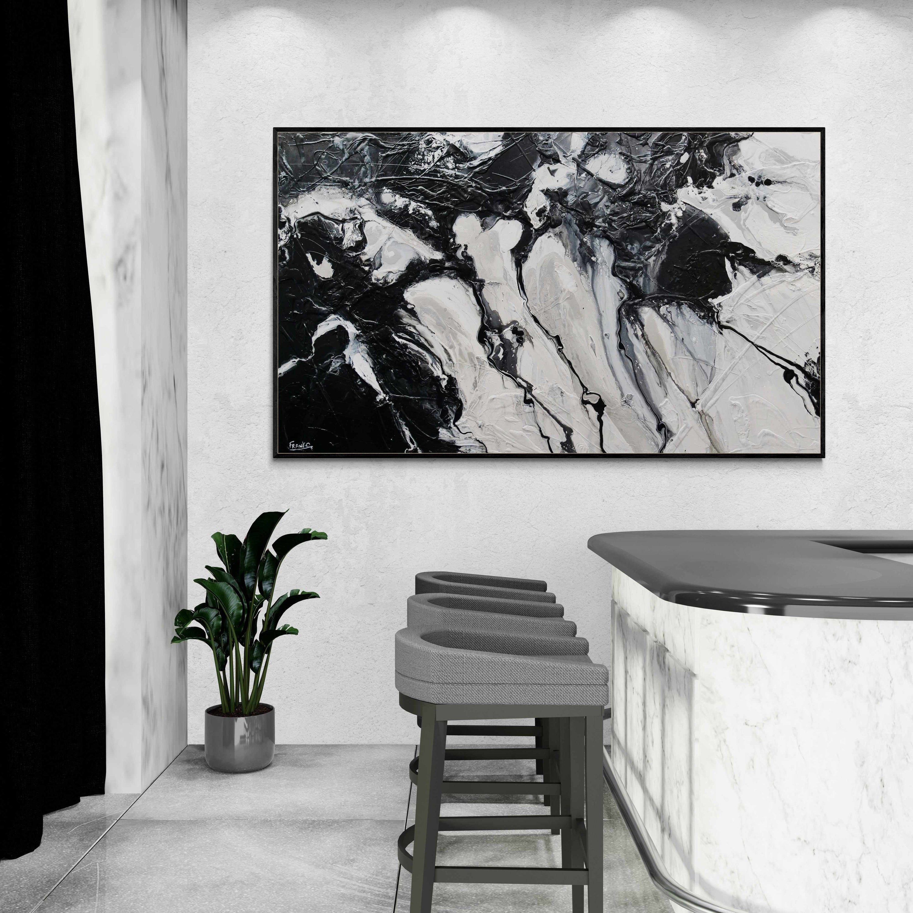 Silver Pearl 200cm x 120cm Silver Black Textured Abstract Painting-Abstract-[Franko Artist]-[The Block]-[Dream Homes]-[ideas]-Franklin Art Studio