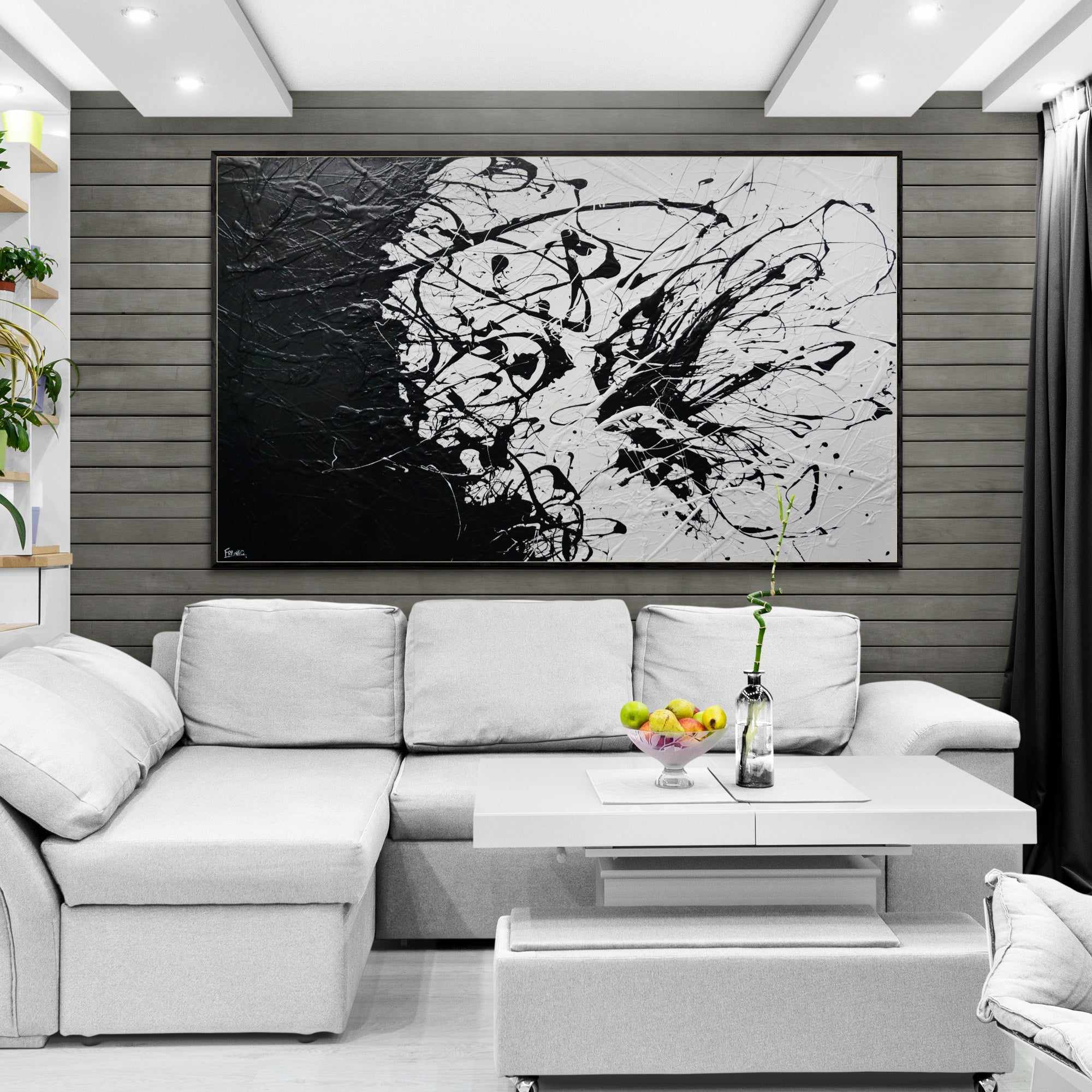 Skittled 250cm x 150cm Black White Textured Abstract Painting (SOLD)-Abstract-Franko-[franko_art]-[beautiful_Art]-[The_Block]-Franklin Art Studio