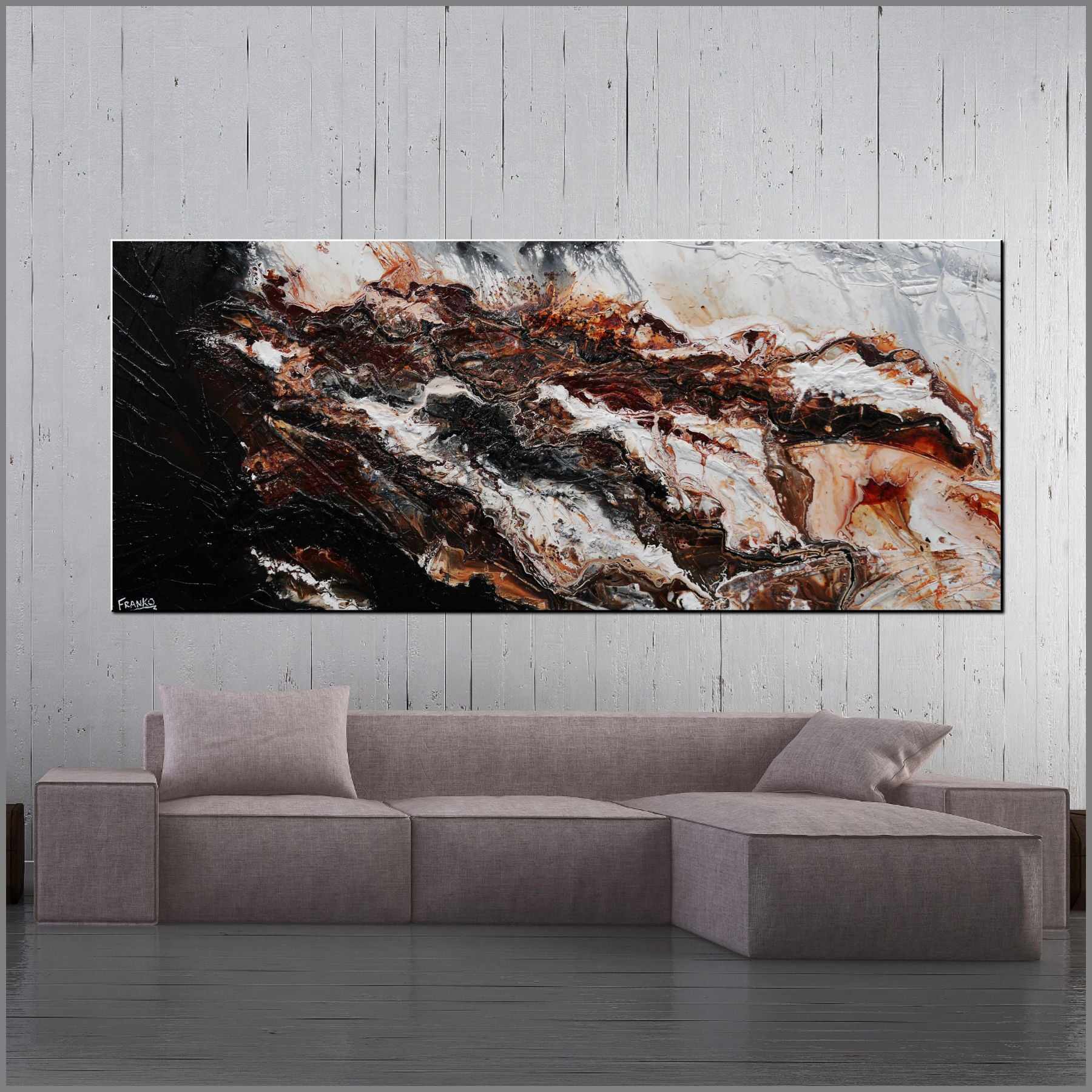 Slated Marble 240cm x 100cm Brown Black White Textured Abstract Painting (SOLD)-Abstract-Franko-[Franko]-[huge_art]-[Australia]-Franklin Art Studio