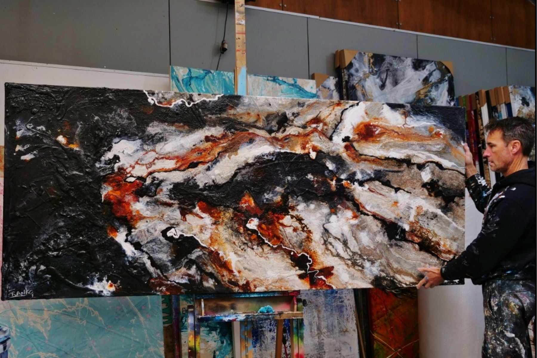 Slated Noir 240cm x 100cm Rust Black Grey Textured Abstract Painting (SOLD)-Abstract-[Franko Artist]-[Gold Coast]-[Brisbane]-[Huge]-Franklin Art Studio