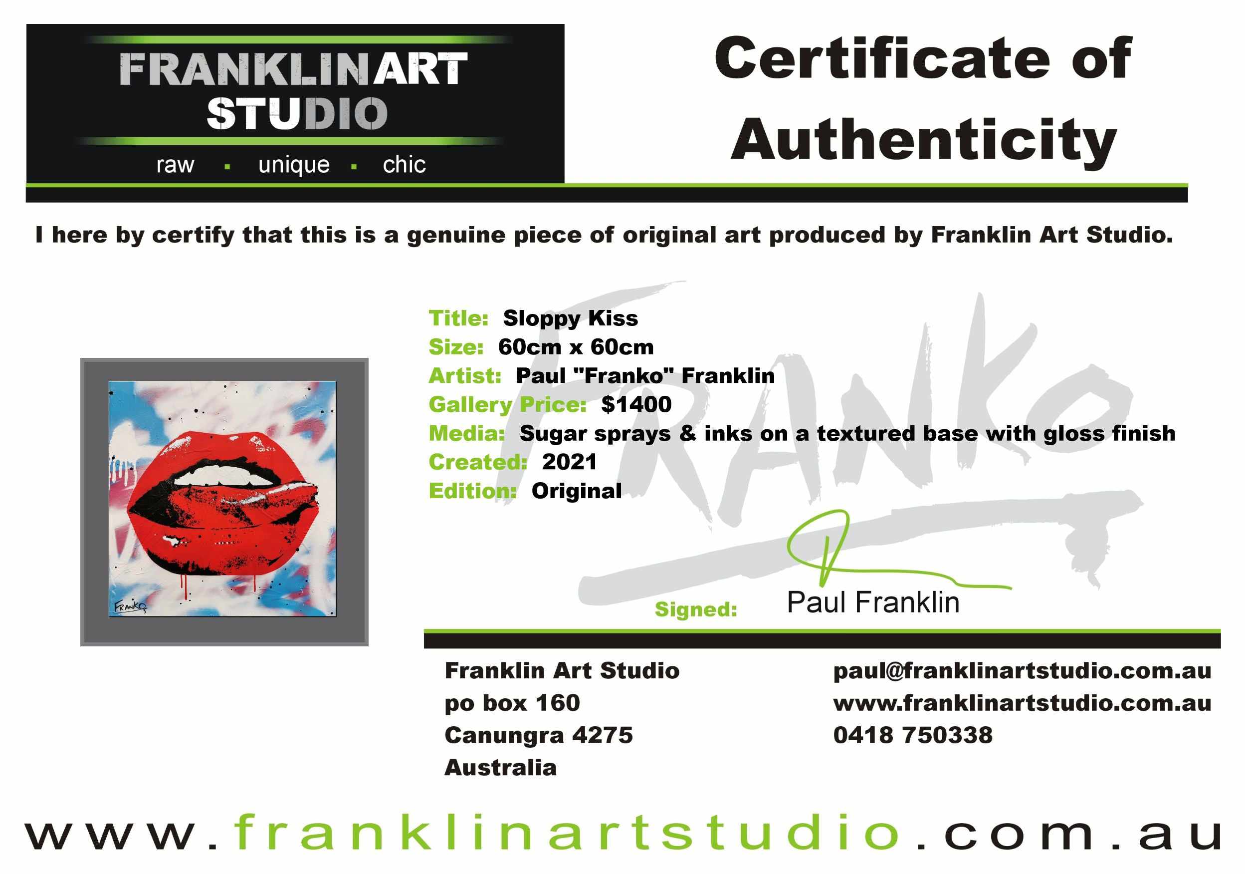 Sloppy Kiss 60cm x 60cm Lips Pop Art Painting-urban pop-Franko-[franko_artist]-[Art]-[interior_design]-Franklin Art Studio