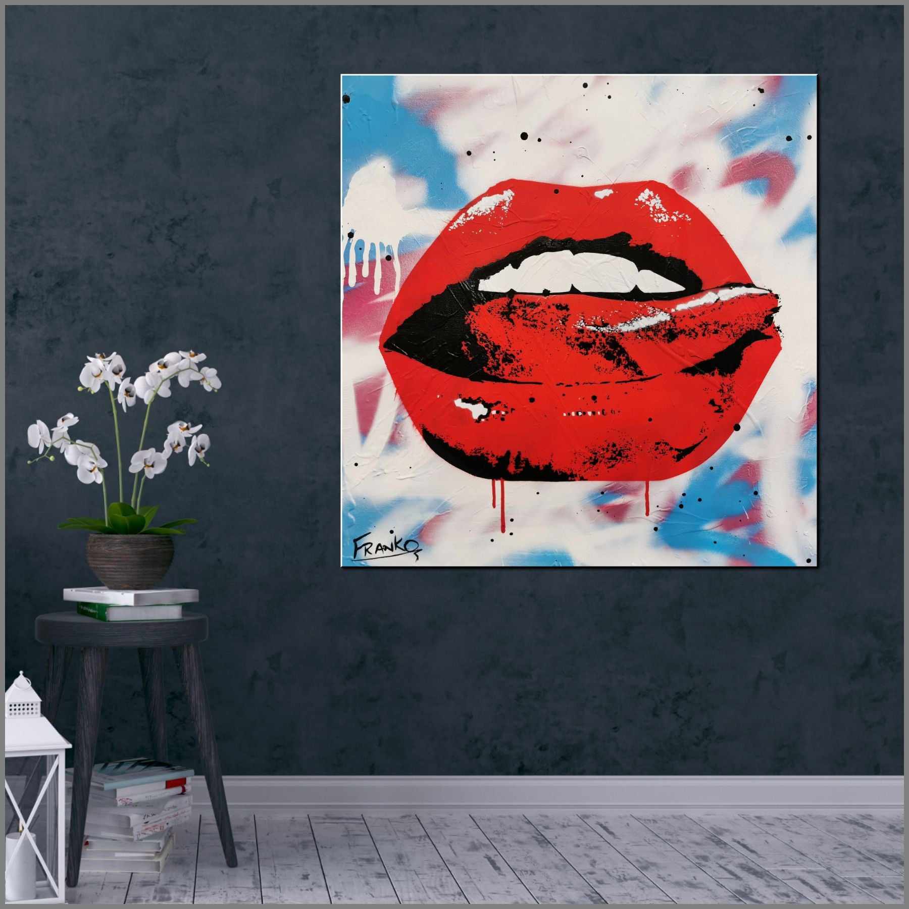 Sloppy Kiss 60cm x 60cm Lips Pop Art Painting-urban pop-Franko-[huge]-[Australian]-[best Selling]-Franklin Art Studio