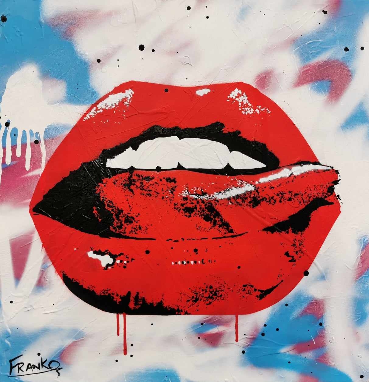 Sloppy Kiss 60cm x 60cm Lips Pop Art Painting-urban pop-[Franko]-[Australian Artist]-[Large]-[Popular]-Franklin Art Studio