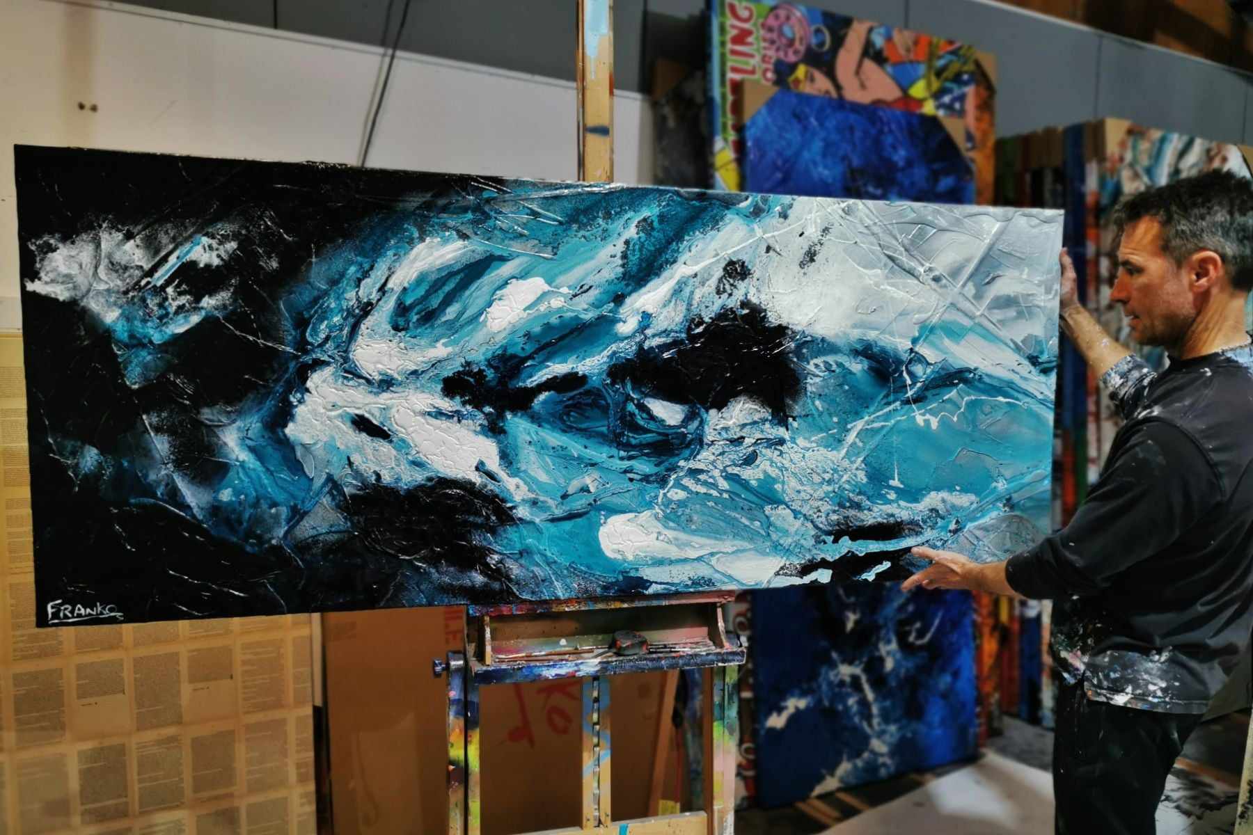 Southern Atmosphere 200cm x 80cm Blue Black Textured Abstract Painting (SOLD)-Abstract-Franko-[franko_artist]-[Art]-[interior_design]-Franklin Art Studio