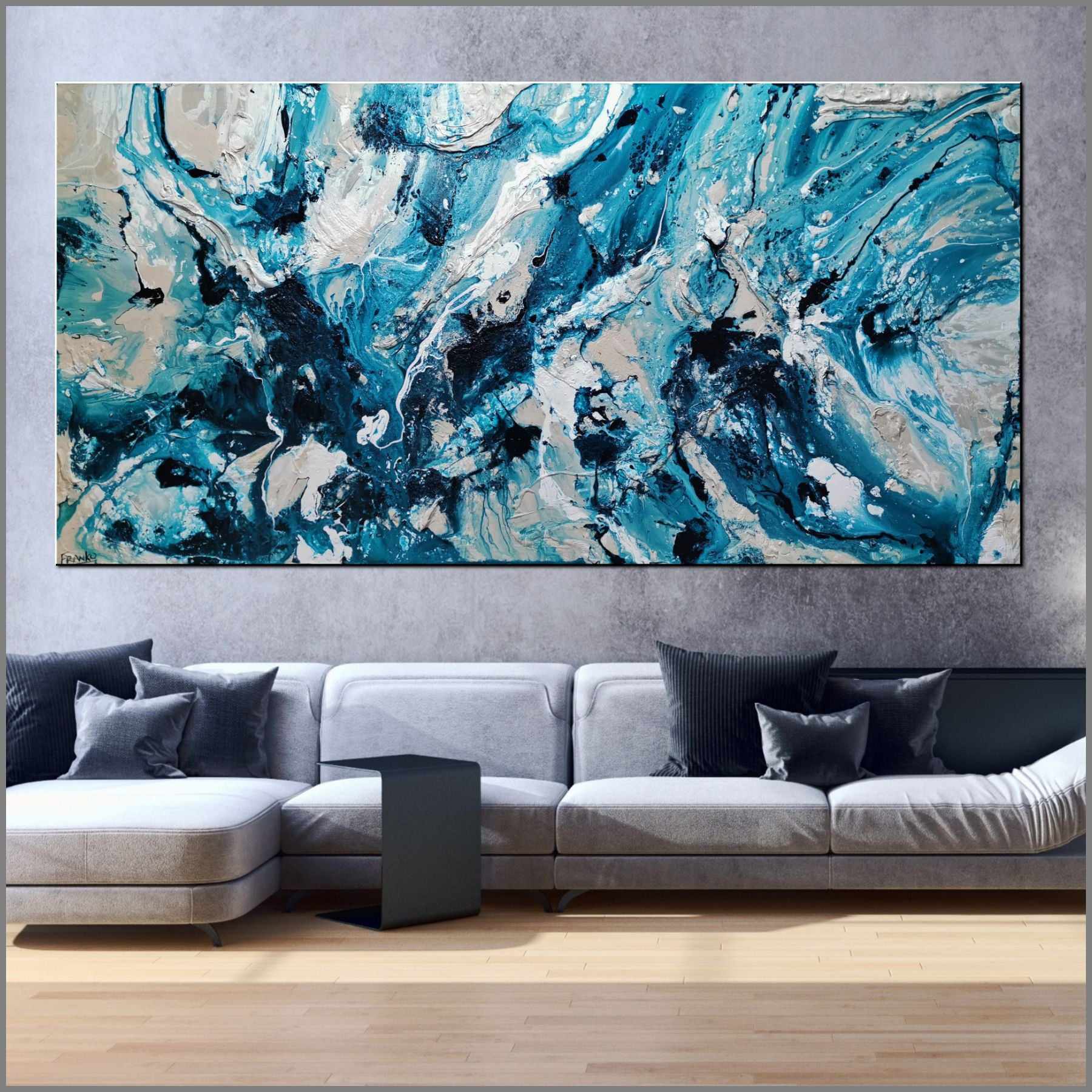 Southern Aura 240cm x 120cm Blue White Cream Textured Abstract Painting (SOLD)-Abstract-Franko-[Franko]-[huge_art]-[Australia]-Franklin Art Studio