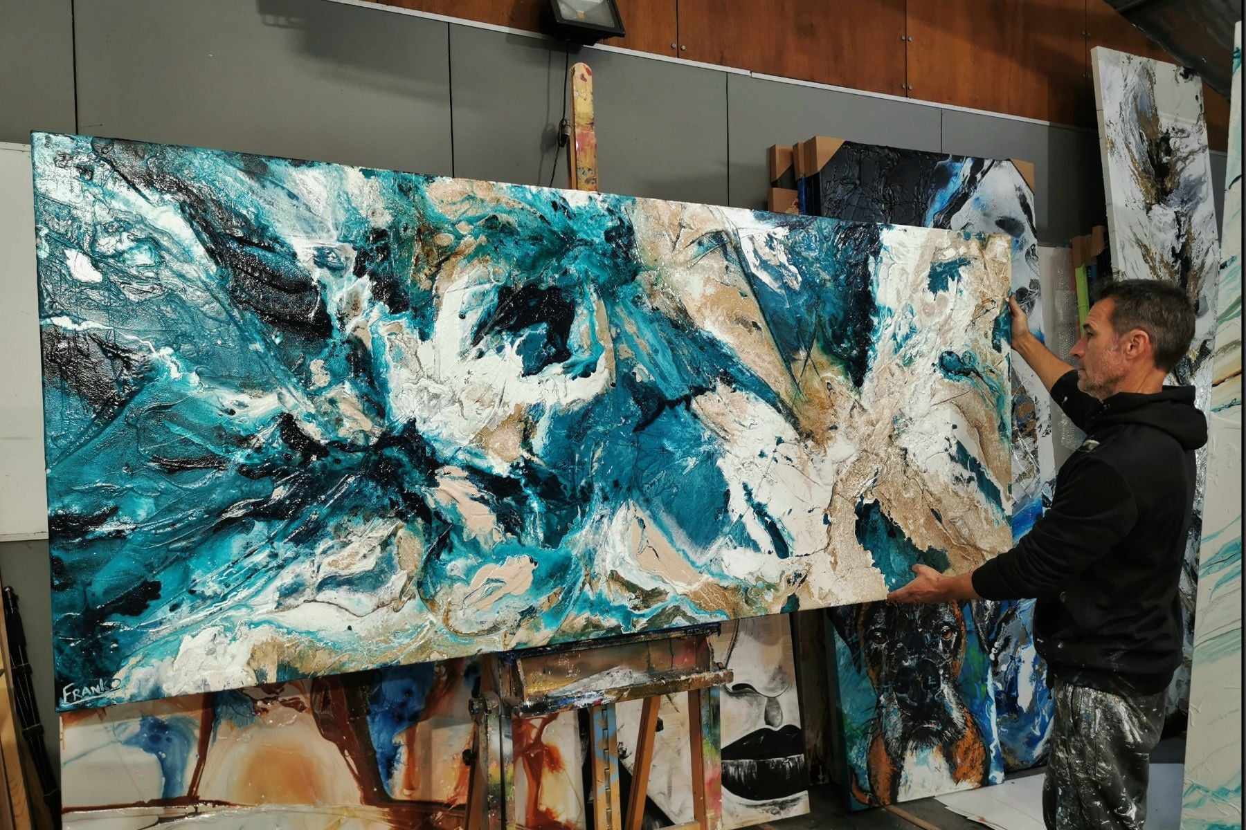 Southern Charm 240cm x 100cm Teal White Cream Textured Abstract Painti