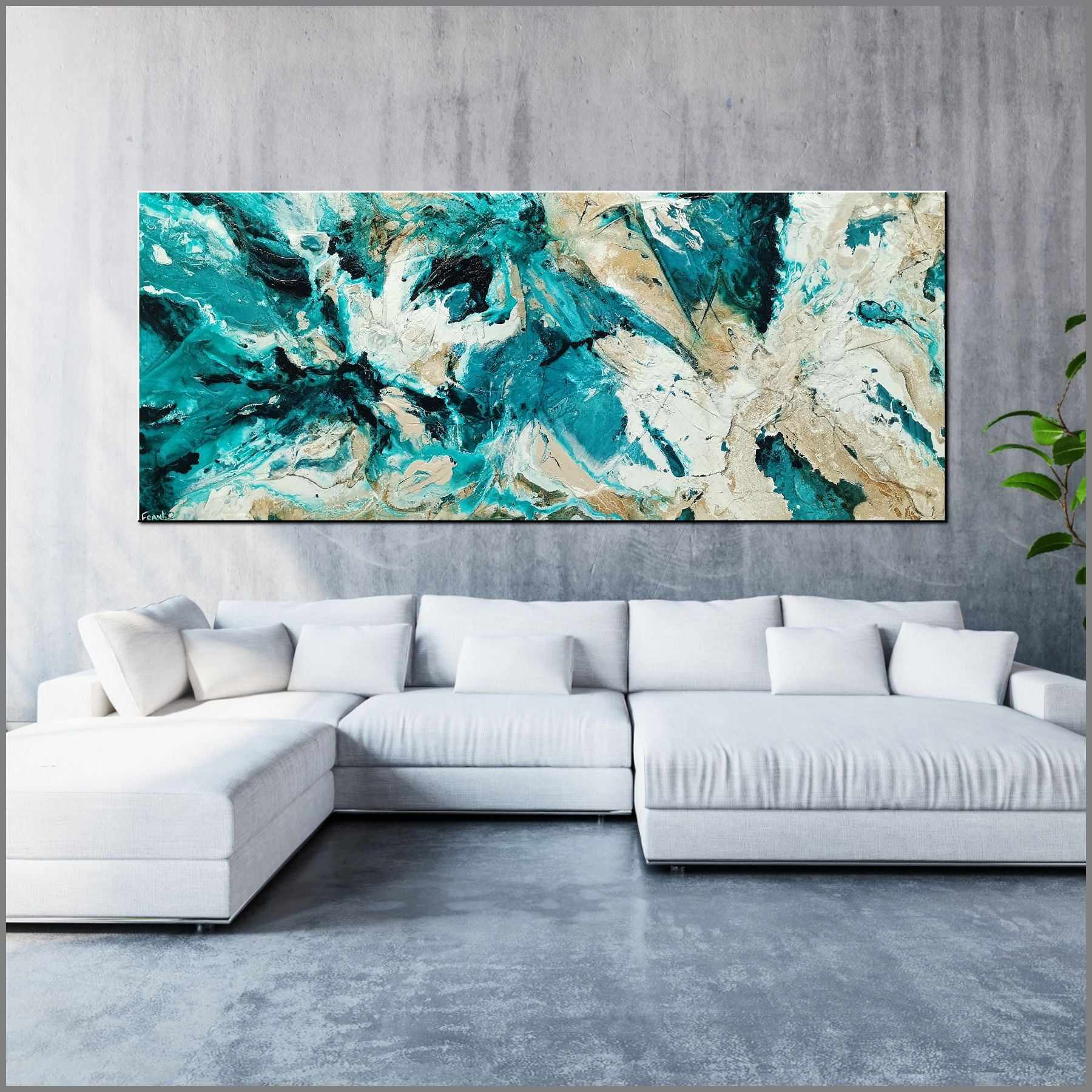 Southern Charm 240cm x 100cm Teal White Cream Textured Abstract Painting (SOLD)-Abstract-Franko-[Franko]-[huge_art]-[Australia]-Franklin Art Studio
