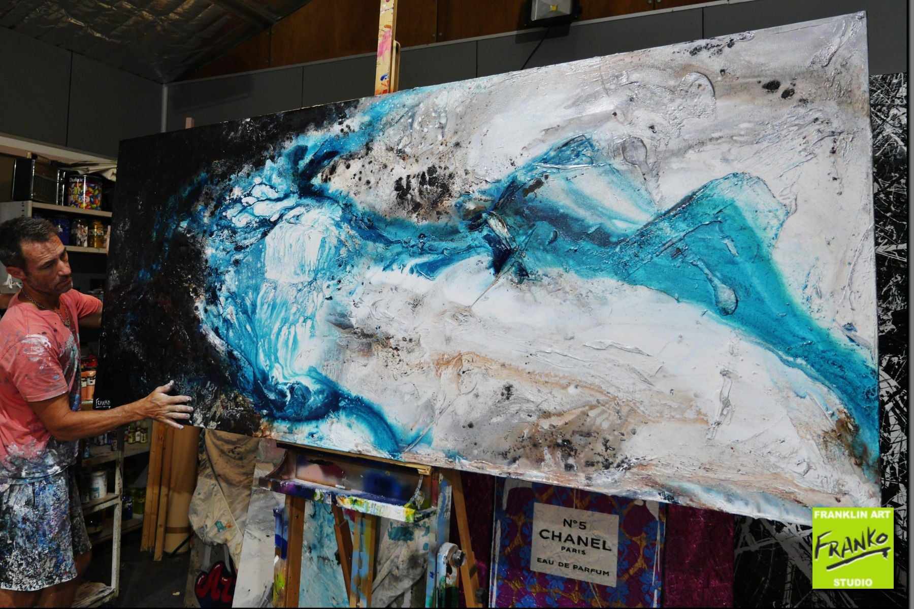 Southern Liquid Rush 240cm x 100cm Blue Grey Black Textured Abstract Painting (SOLD)-Abstract-[Franko Artist]-[Gold Coast]-[Brisbane]-[Huge]-Franklin Art Studio