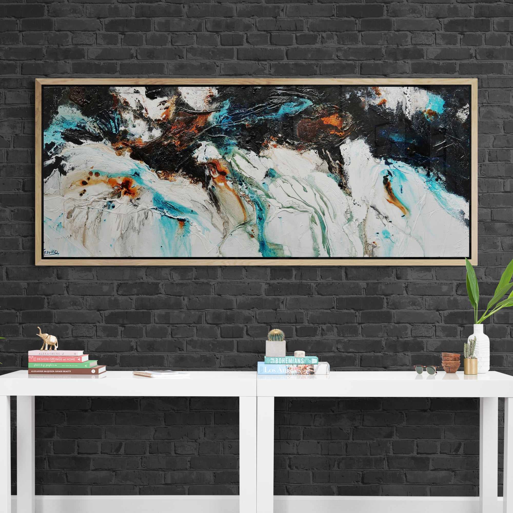 Southern Nature 200cm x 80cm Teal Black White Textured Abstract Painting (SOLD)