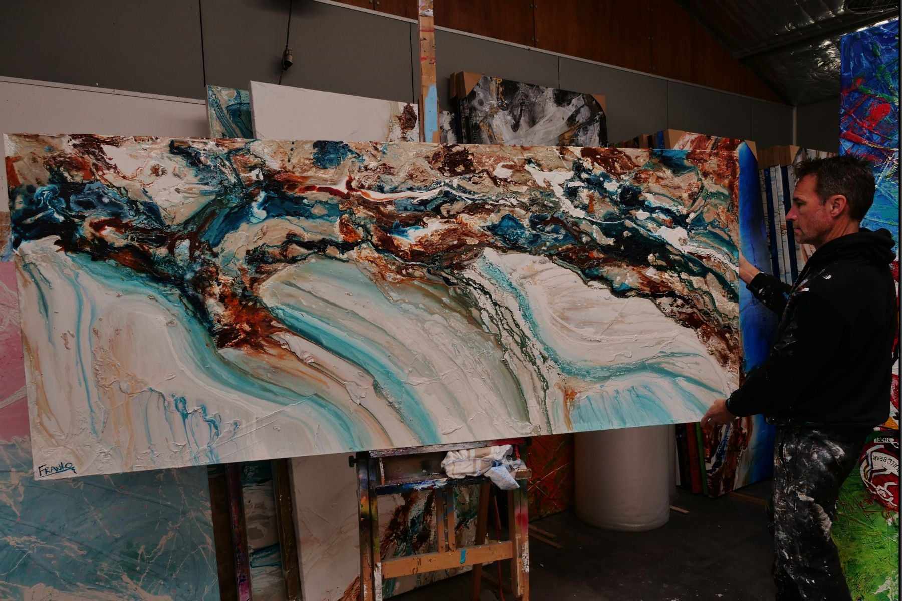 Southern Ocean Class 240cm x 100cm Teal White Orange Textured Abstract Painting (SOLD)-Abstract-[Franko Artist]-[Gold Coast]-[Brisbane]-[Huge]-Franklin Art Studio