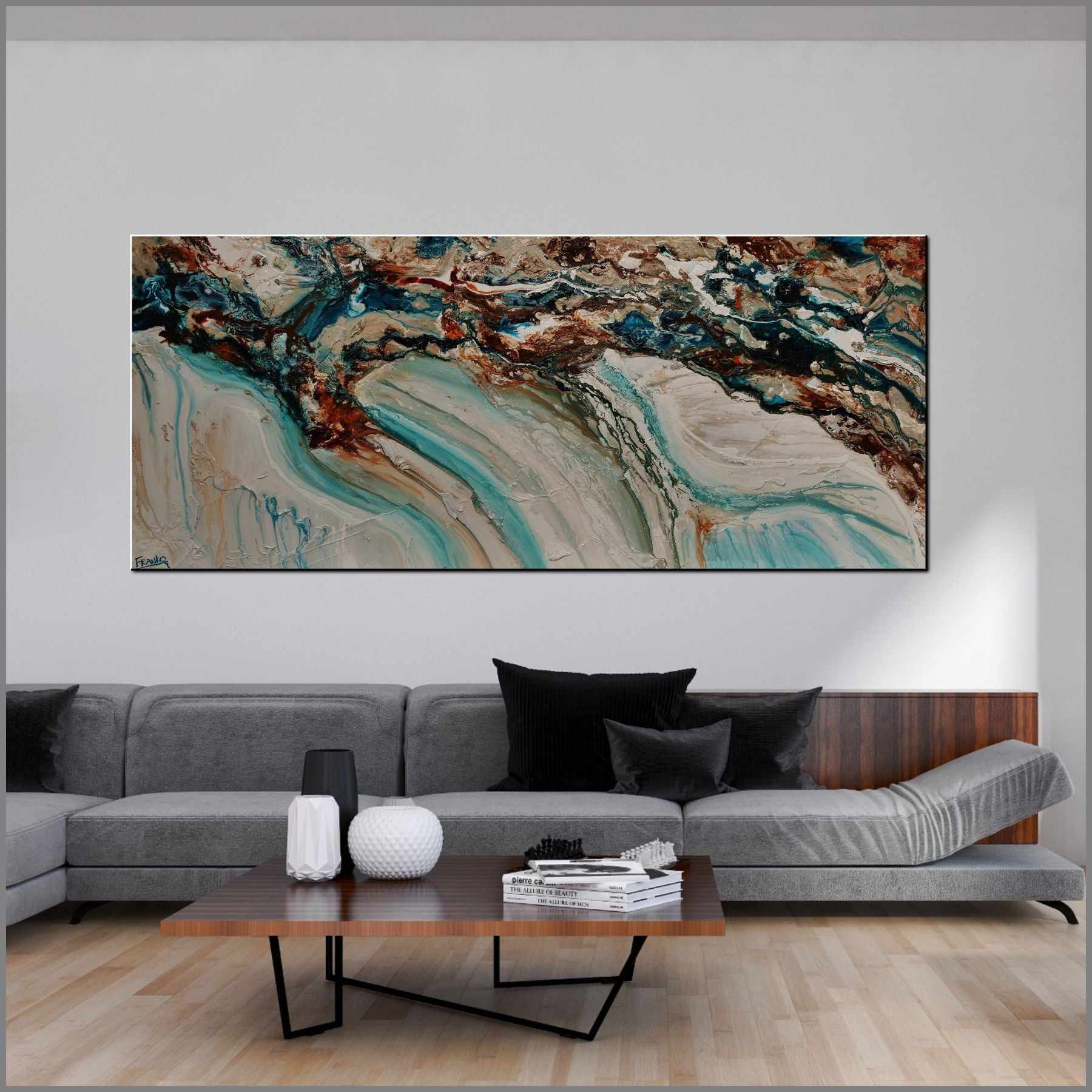 Southern Ocean Class 240cm x 100cm Teal White Orange Textured Abstract Painting (SOLD)-Abstract-Franko-[huge]-[Australian]-[best Selling]-Franklin Art Studio