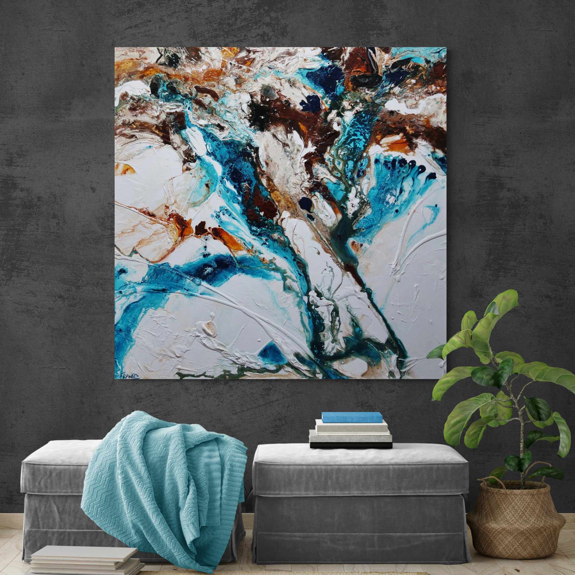 Southern Rapture 150cm x 150cm Teal White Textured Abstract Painting (SOLD)-Abstract-Franko-[franko_artist]-[Art]-[interior_design]-Franklin Art Studio