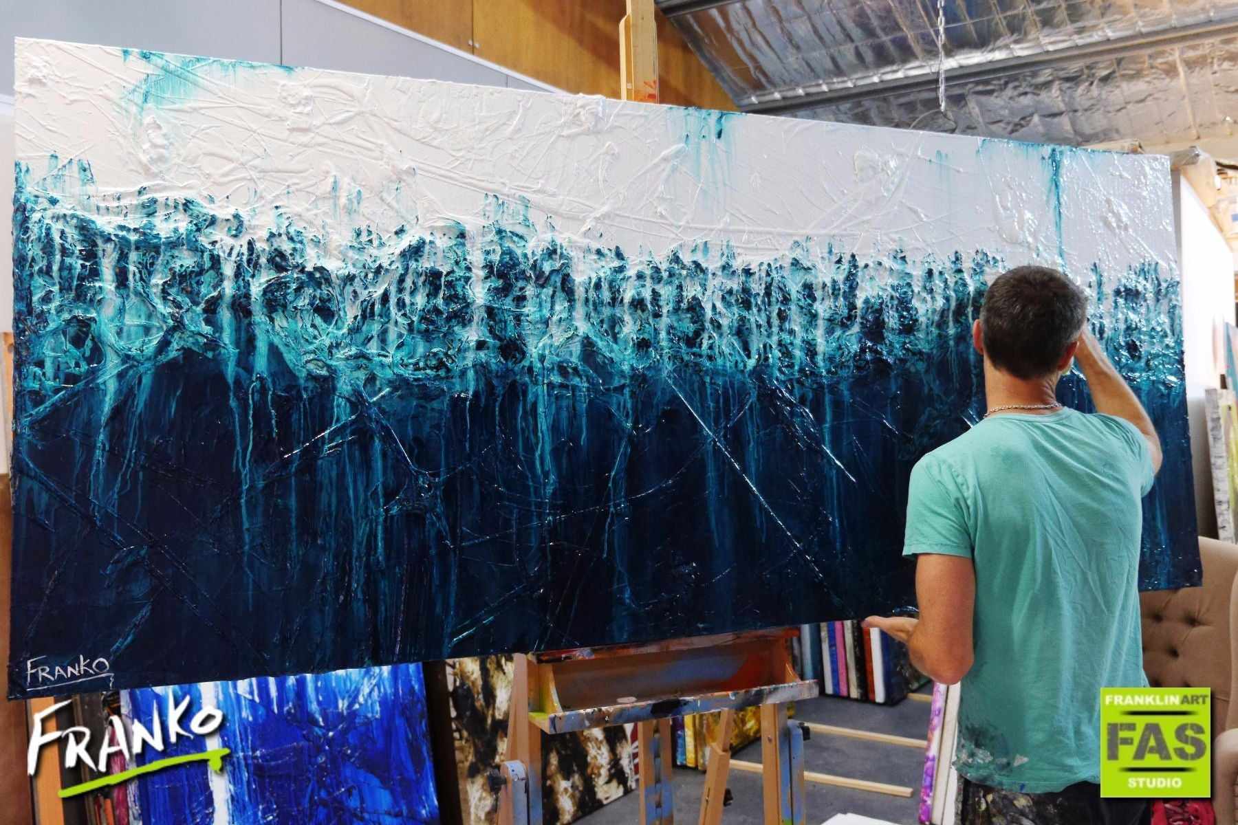 Southern Seas Simmer 240cm x 100cm Turquoise Abstract Painting (SOLD)-abstract-[Franko Artist]-[Gold Coast]-[Brisbane]-[Huge]-Franklin Art Studio