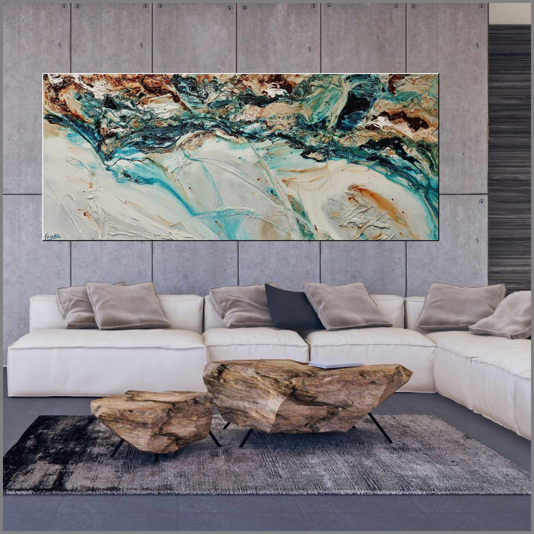 Southern Teal 240cm x 120cm White Turquoise Rust Textured Abstract Painting (SOLD)-Abstract-Franko-[Franko]-[huge_art]-[Australia]-Franklin Art Studio