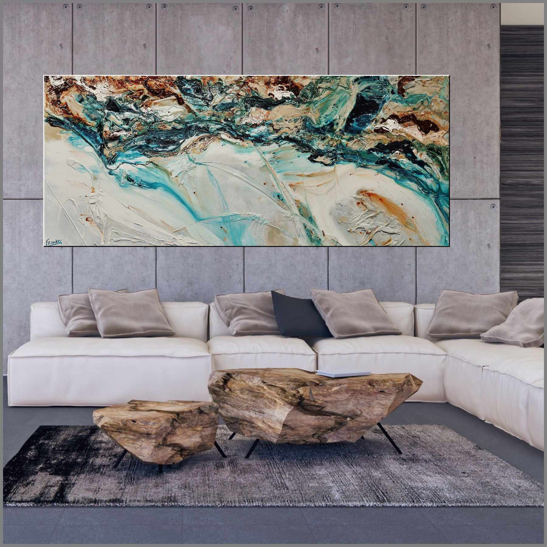 Southern Teal 240cm x 120cm White Turquoise Rust Textured Abstract Painting (SOLD)-Abstract-Franko-[huge]-[Australian]-[best Selling]-Franklin Art Studio