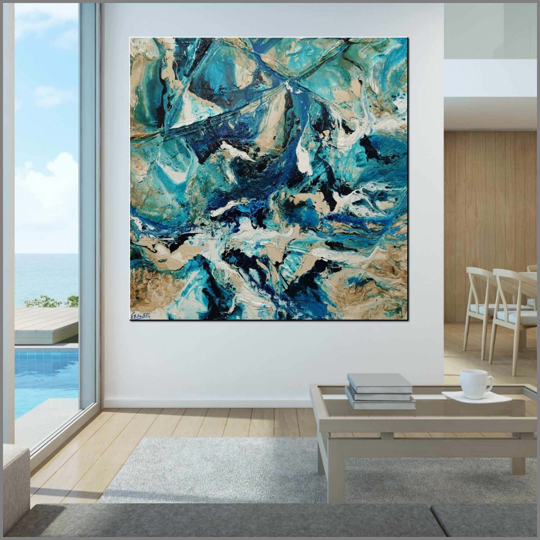 Squared Southern Oceans 150cm x 150cm Teal Cream White Textured Abstract Painting (SOLD)-Abstract-Franko-[Franko]-[huge_art]-[Australia]-Franklin Art Studio