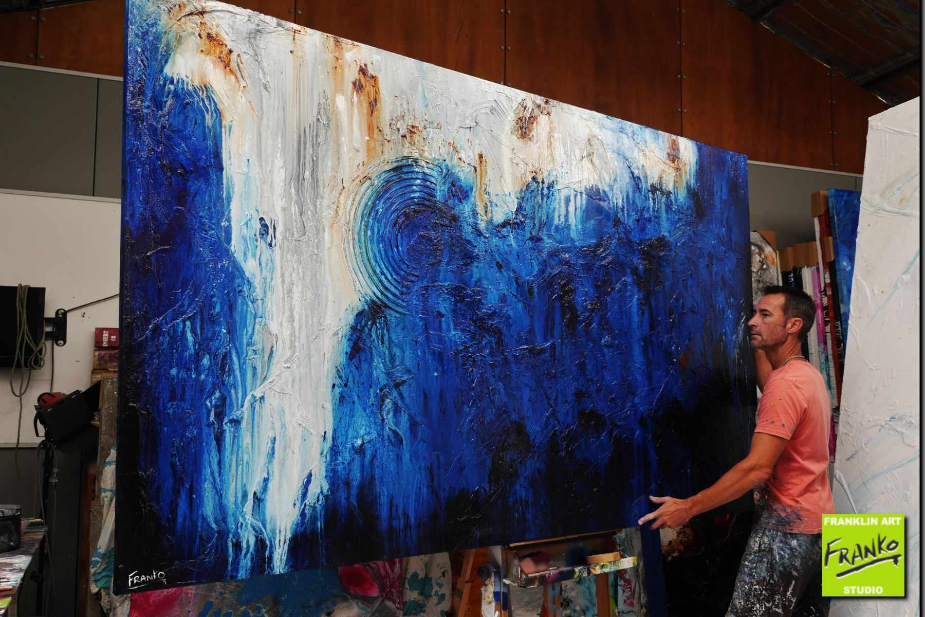 Steel Blue Oxide 150cm x 250cm White Blue Textured Abstract Painting (SOLD)-Abstract-Franko-[franko_artist]-[Art]-[interior_design]-Franklin Art Studio