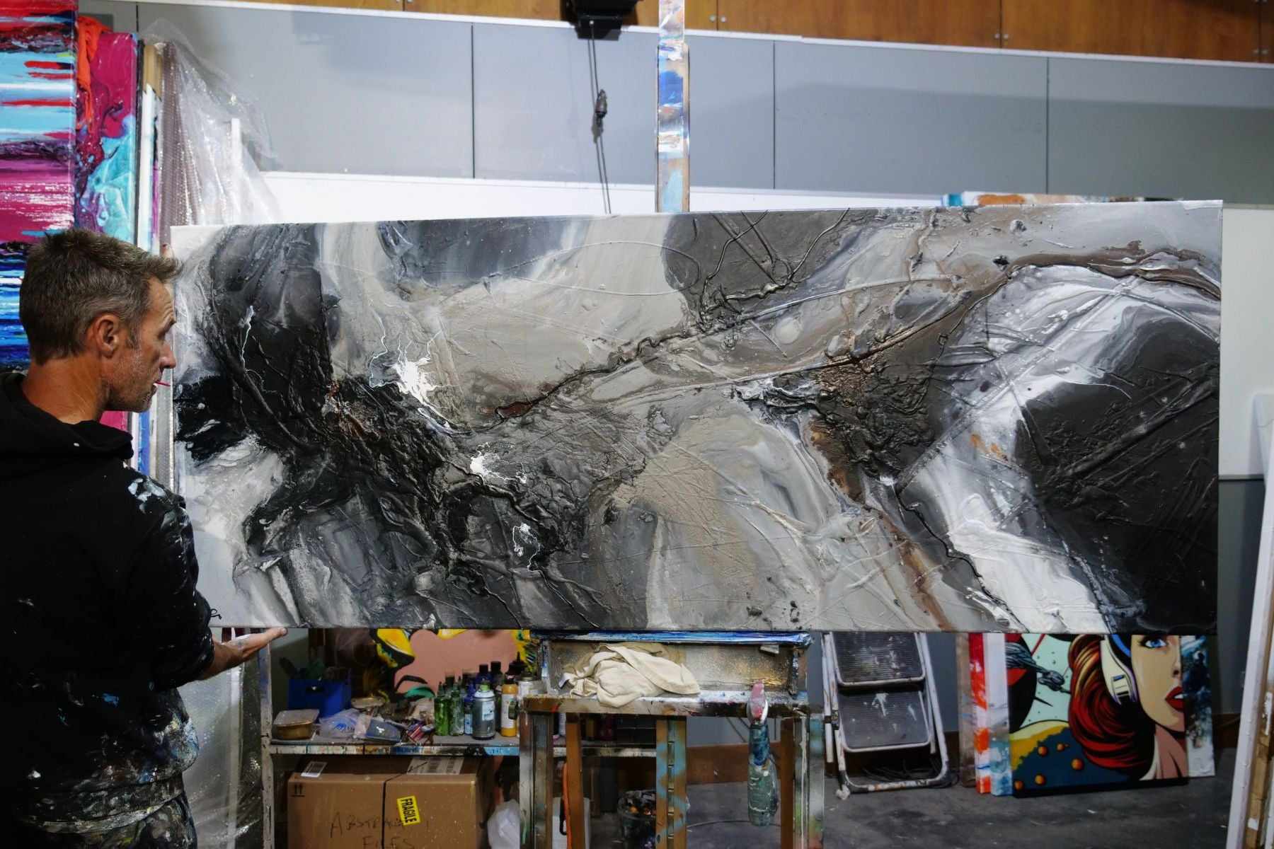 Stratosphere 200cm x 80cm Malt Black Textured Abstract Painting (SOLD)-Abstract-[Franko Artist]-[Gold Coast]-[Brisbane]-[Huge]-Franklin Art Studio