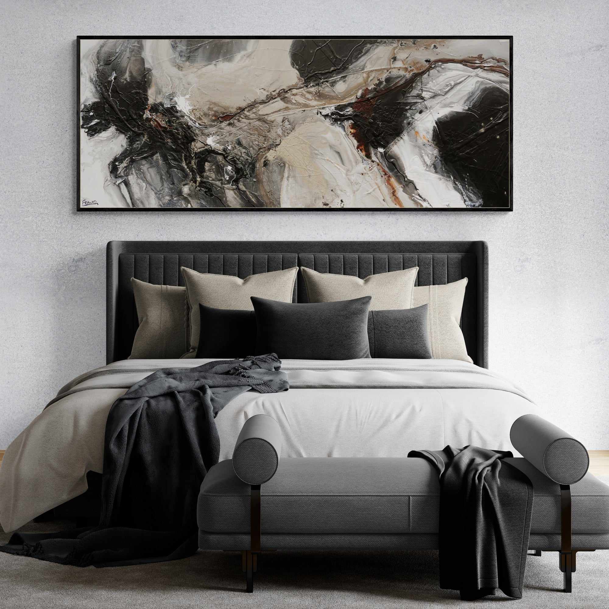 Stratosphere 200cm x 80cm Malt Black Textured Abstract Painting-Abstract-Franko-[franko_art]-[beautiful_Art]-[The_Block]-Franklin Art Studio