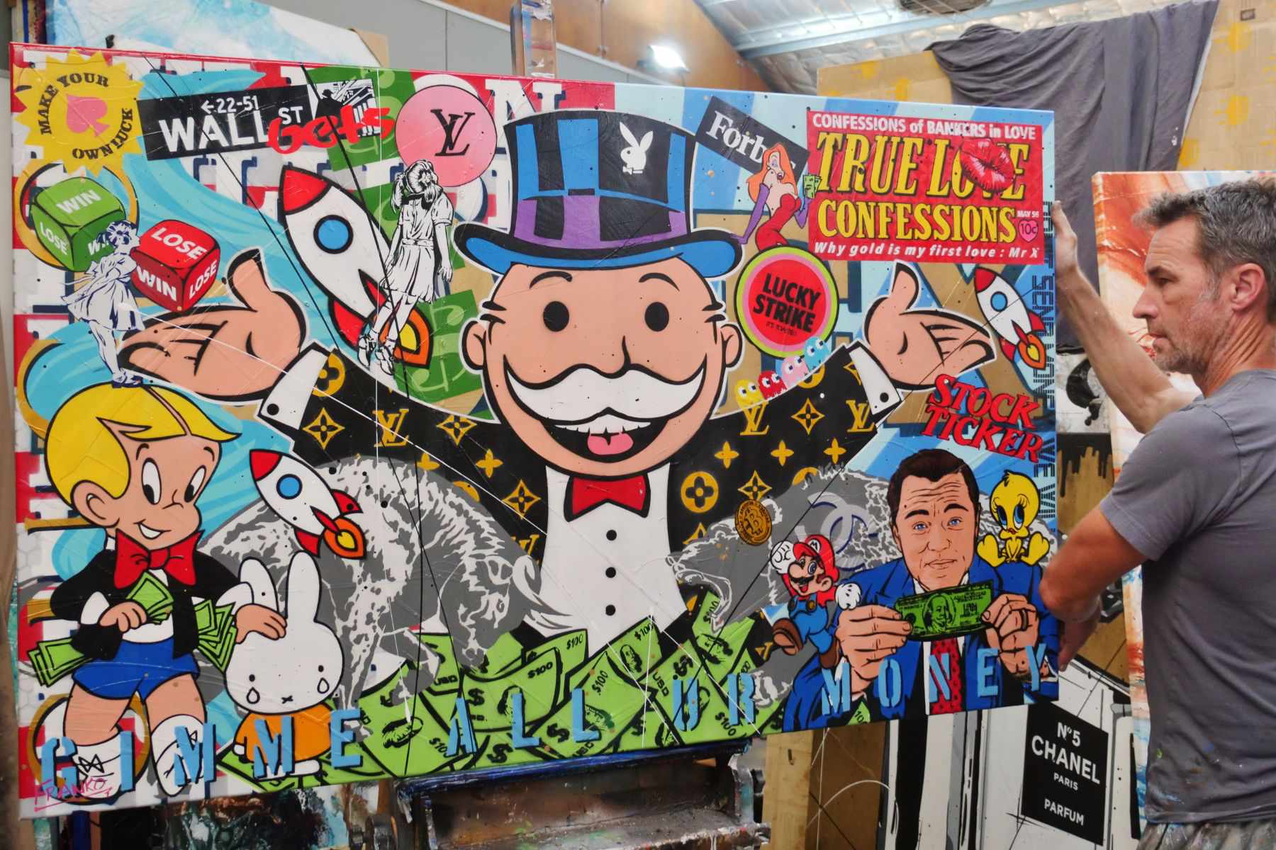 Strike It Lucky 160cm x 100cm Monopoly Man Textured Urban Pop Art Painting (SOLD)-Urban Pop Art-Franko-[franko_art]-[beautiful_Art]-[The_Block]-Franklin Art Studio