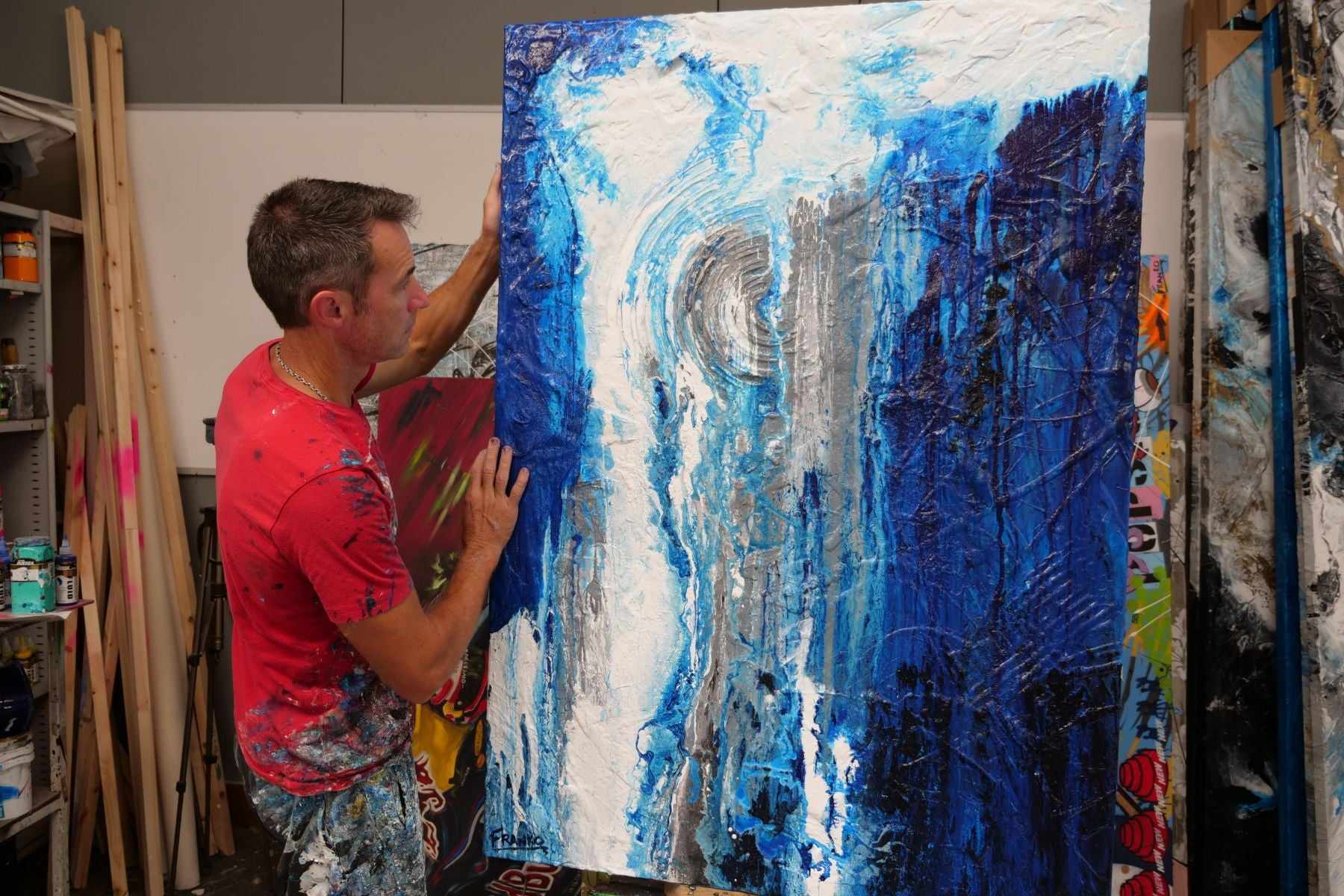 Sugar Blue 140cm x 100cm Prussian Phalto Blue White Grey Textured Abstract Painting (SOLD)-Abstract-Franko-[franko_artist]-[Art]-[interior_design]-Franklin Art Studio