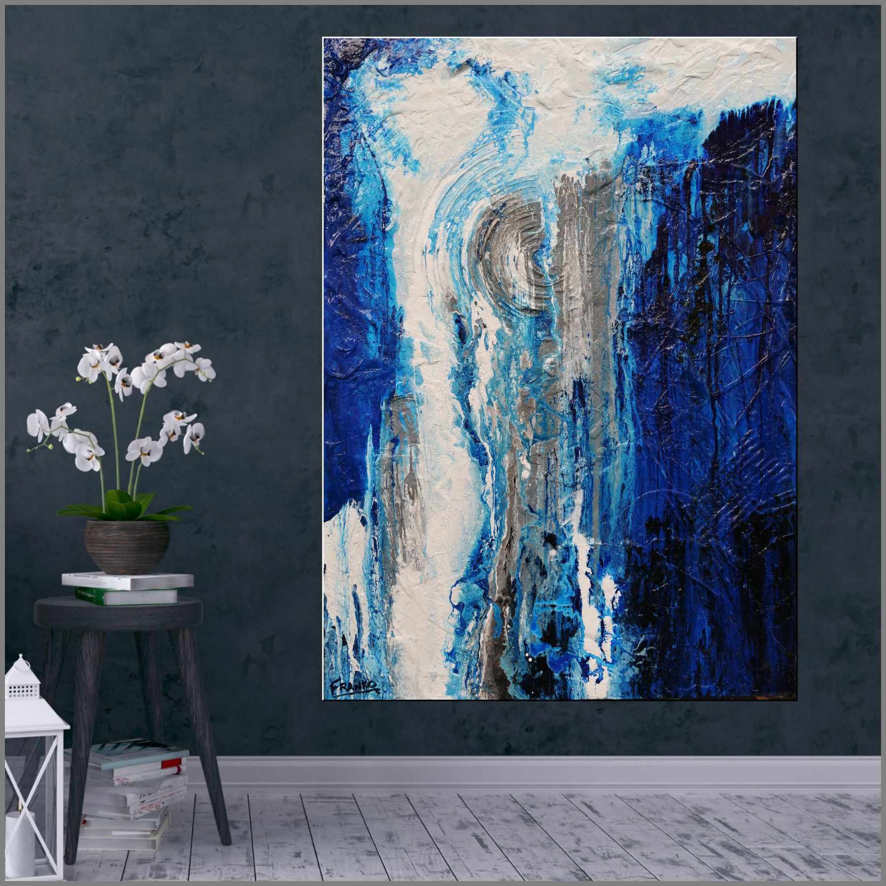 Sugar Blue 140cm x 100cm Prussian Phalto Blue White Grey Textured Abstract Painting (SOLD)-Abstract-Franko-[Franko]-[huge_art]-[Australia]-Franklin Art Studio