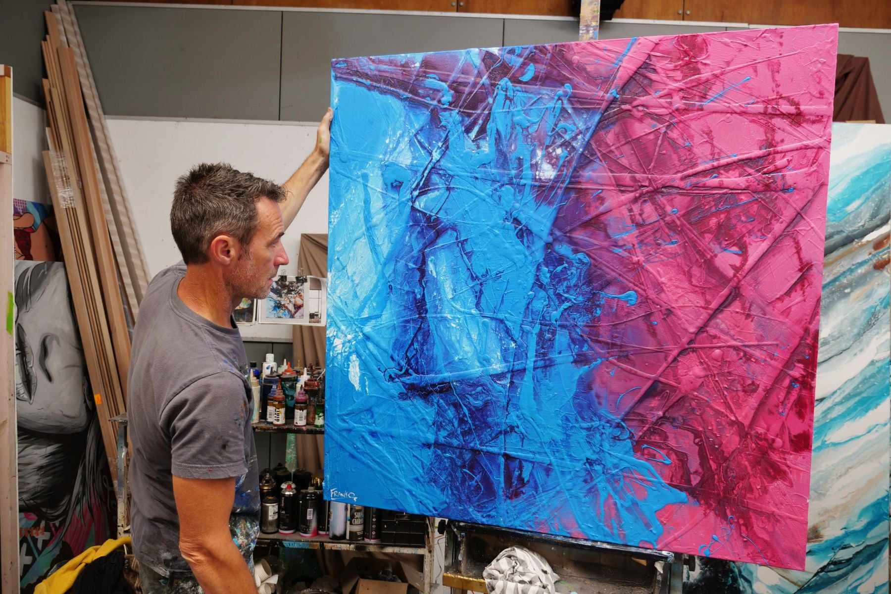 Sugar Dreams 120cm x 120cm Blue Pink Textured Abstract Painting-Abstract-Franko-[franko_art]-[beautiful_Art]-[The_Block]-Franklin Art Studio