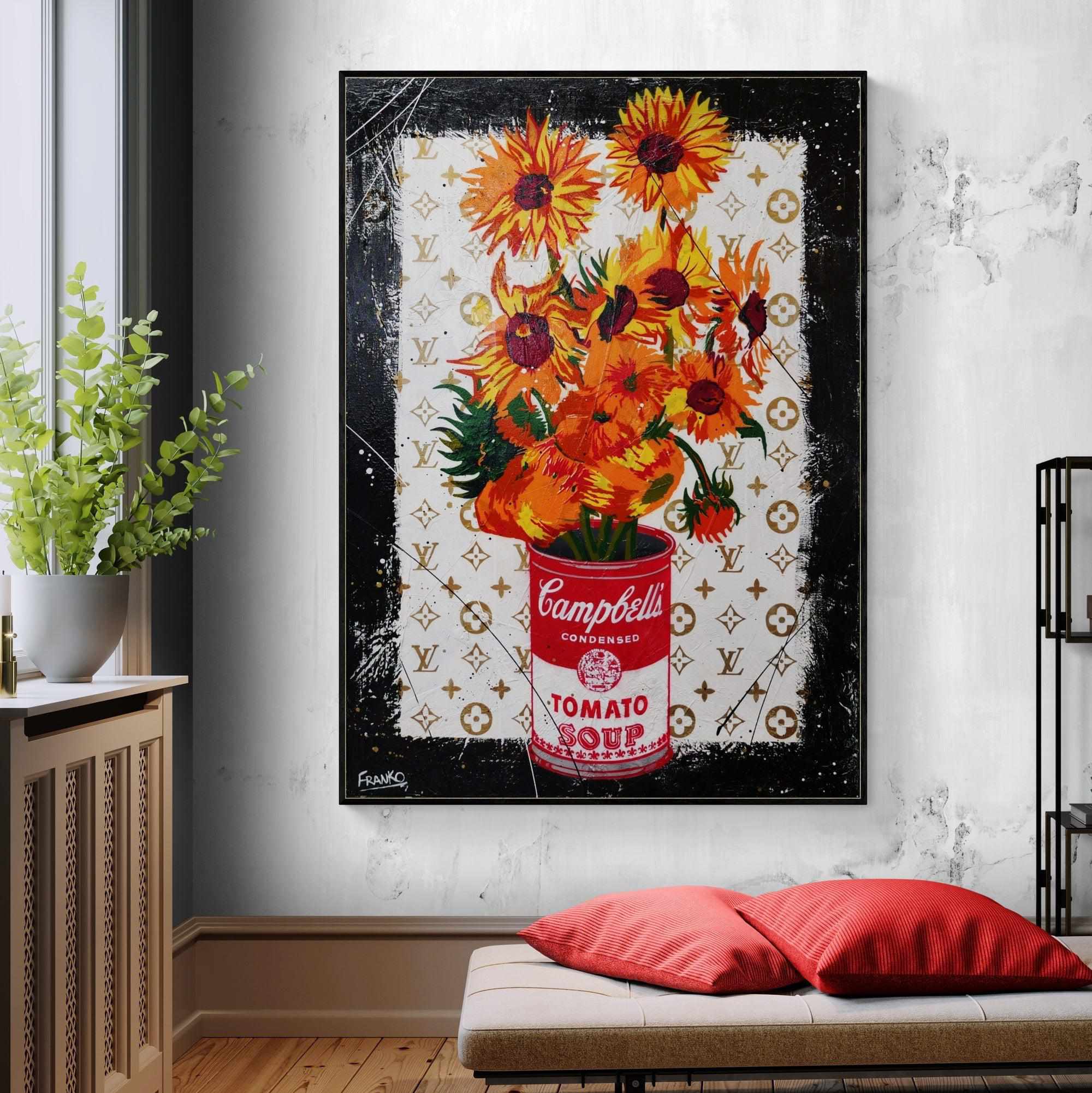 Sunflower Soup 140cm x 100cm Sunflower Campbells Soup Textured Urban Pop Art Painting-Urban Pop Art-Franko-[franko_artist]-[Art]-[interior_design]-Franklin Art Studio