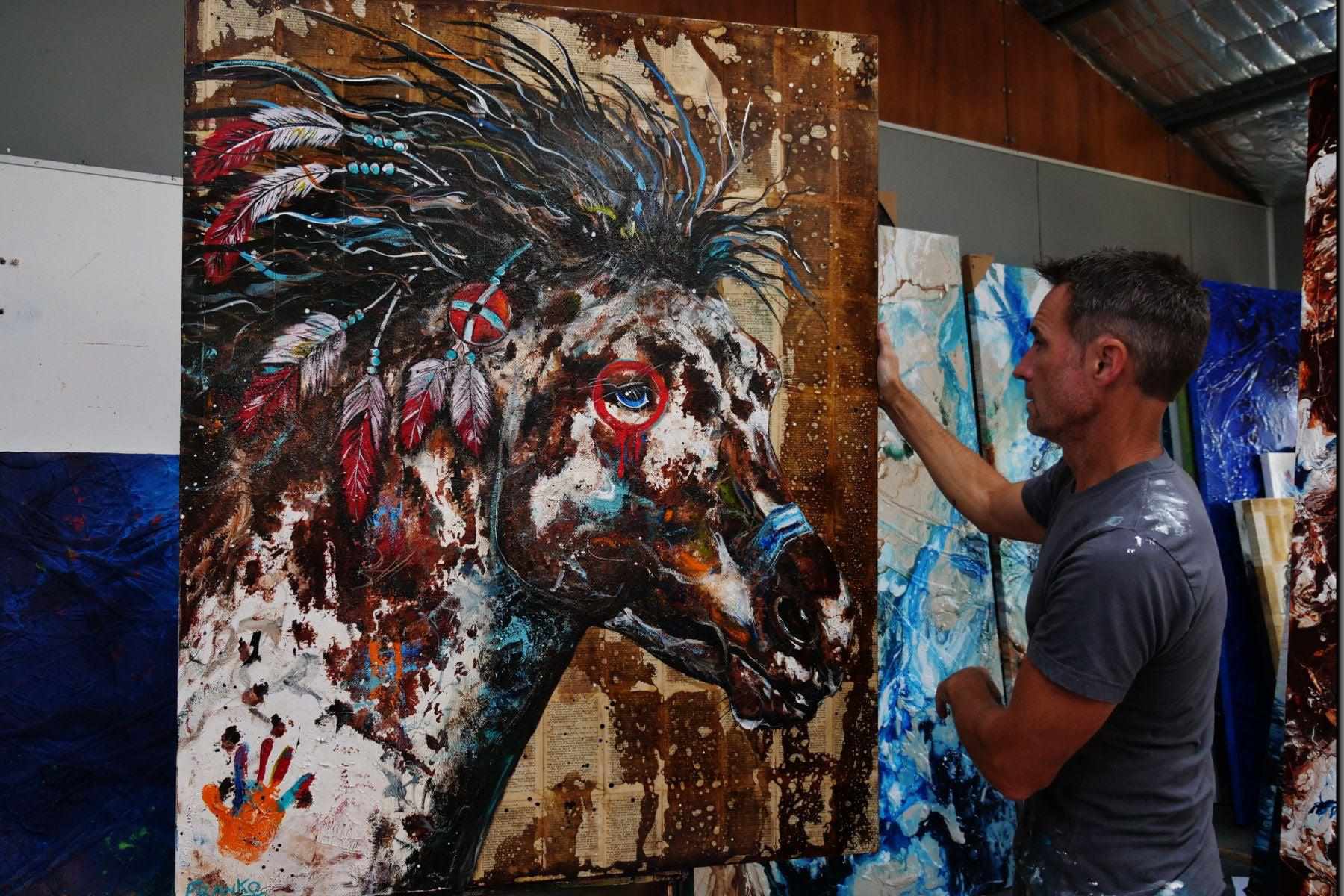 Sunset Ahiga 120cm x 150cm Indian War Horse Urban Pop Book Club Painting (SOLD)-book club-[Franko Artist]-[Gold Coast]-[Brisbane]-[Huge]-Franklin Art Studio