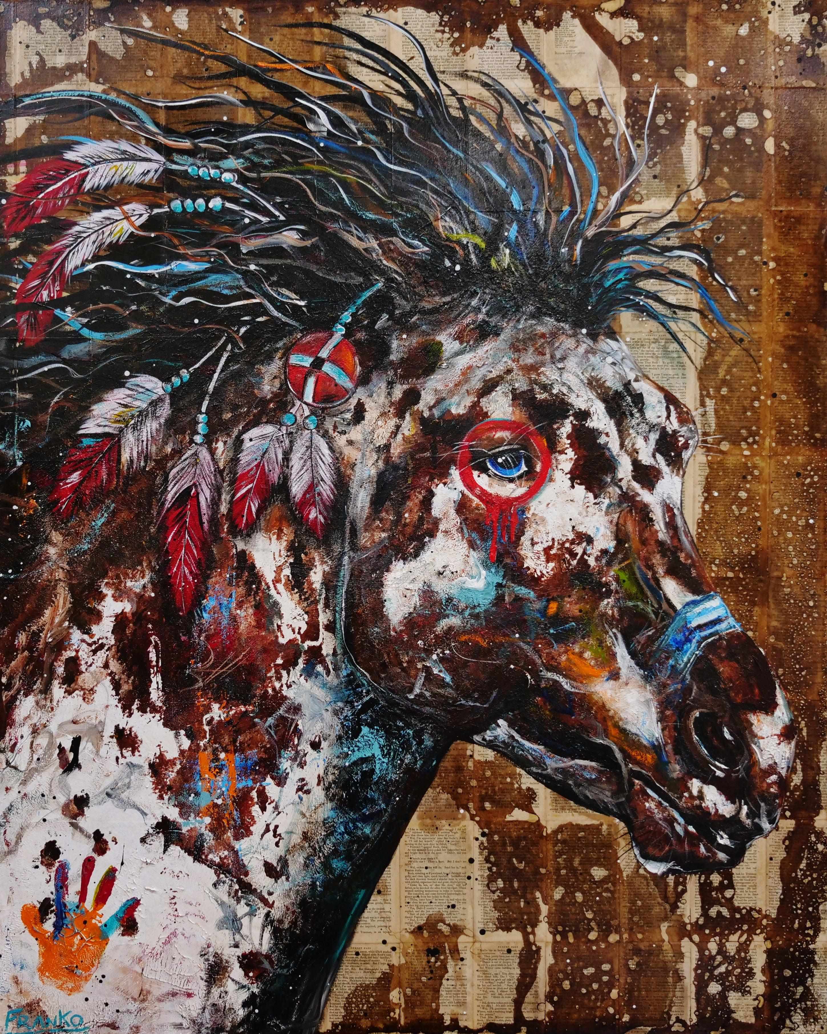 Sunset Ahiga 120cm x 150cm Indian War Horse Urban Pop Book Club Painting (SOLD)-book club-Franko-[Franko]-[Australia_Art]-[Art_Lovers_Australia]-Franklin Art Studio