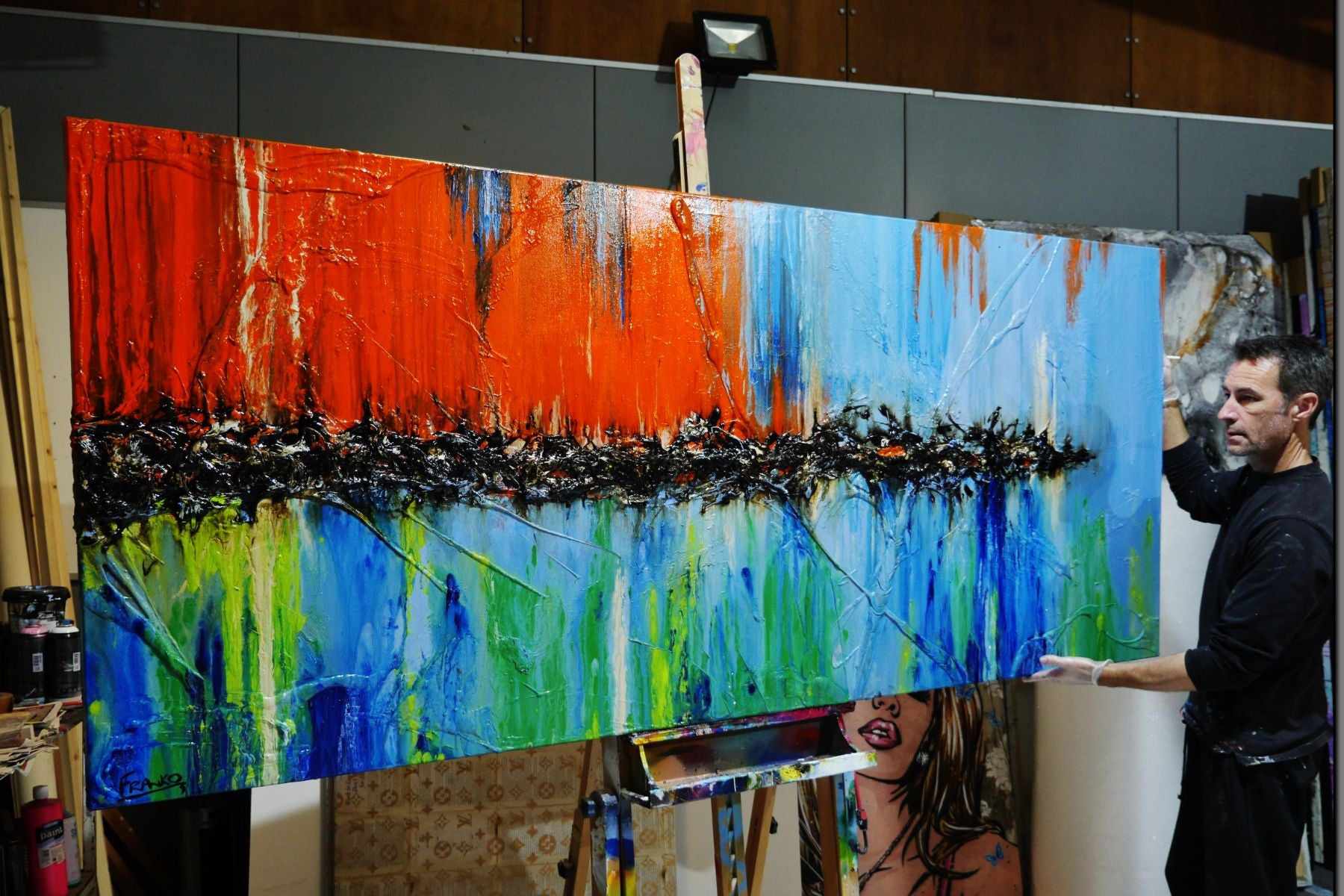 Sunset and Cocktails 240cm x 100cm Blue Orange Textured Abstract Painting (SOLD)-Abstract-[Franko Artist]-[Gold Coast]-[Brisbane]-[Huge]-Franklin Art Studio