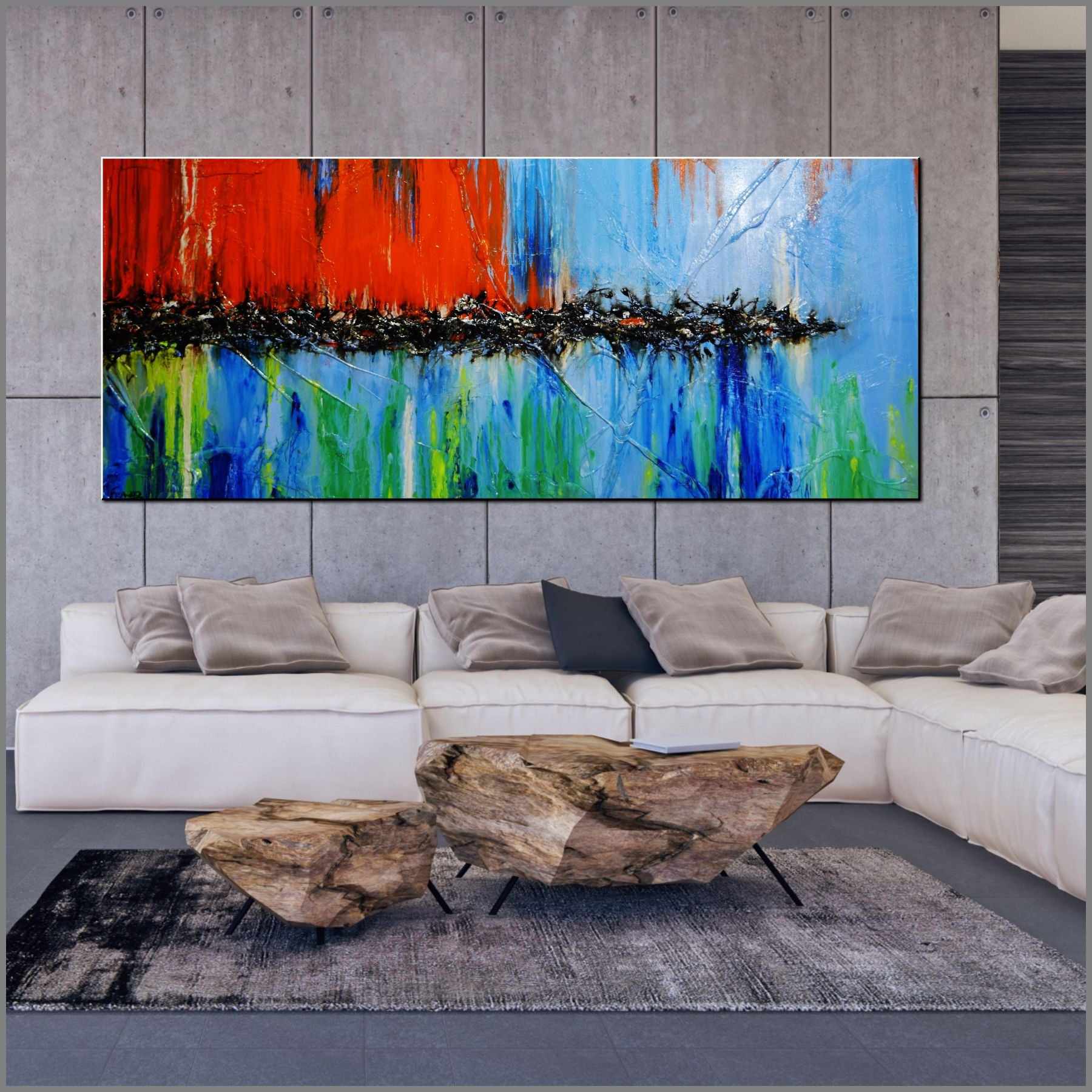 Sunset and Cocktails 240cm x 100cm Blue Orange Textured Abstract Painting (SOLD)-Abstract-Franko-[Franko]-[huge_art]-[Australia]-Franklin Art Studio