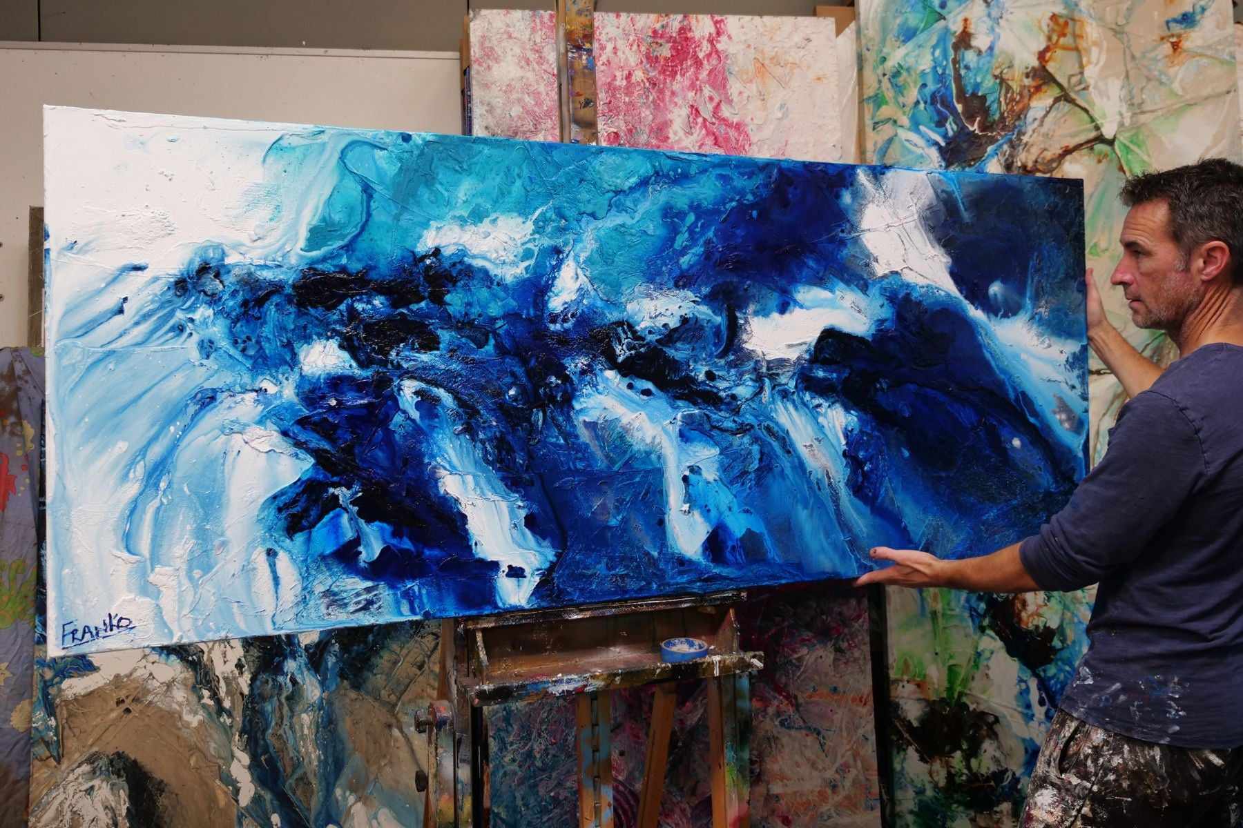 Teal Blue Candy 200cm x 80cm Blue White Teal Textured Abstract Painting (SOLD)-Abstract-[Franko Artist]-[Gold Coast]-[Brisbane]-[Huge]-Franklin Art Studio