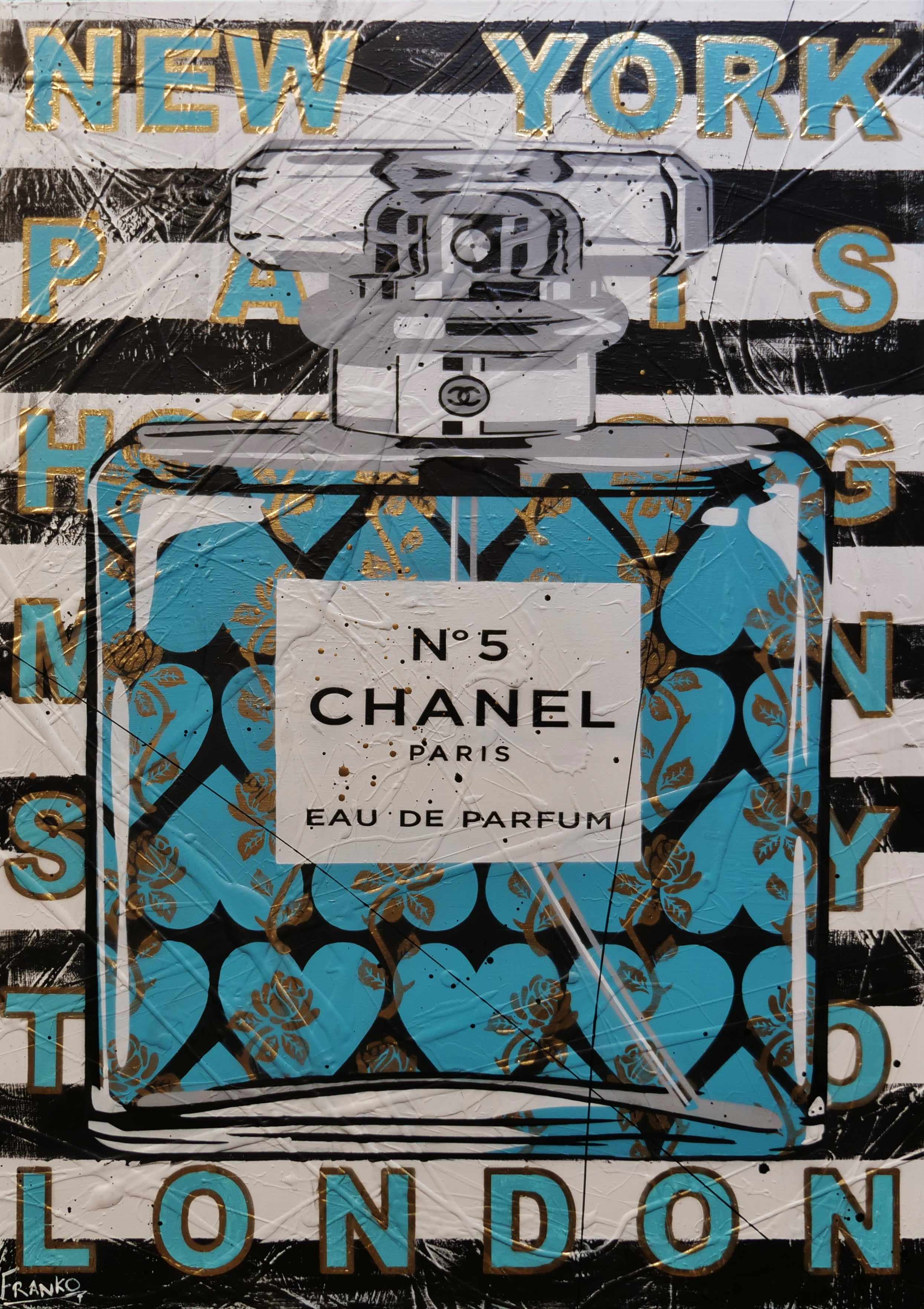 Teal Classic No 5 140cm x 100cm Chanel Bottle Textured Urban Pop Art Painting (SOLD)-Urban Pop Art-Franko-[Franko]-[Australia_Art]-[Art_Lovers_Australia]-Franklin Art Studio