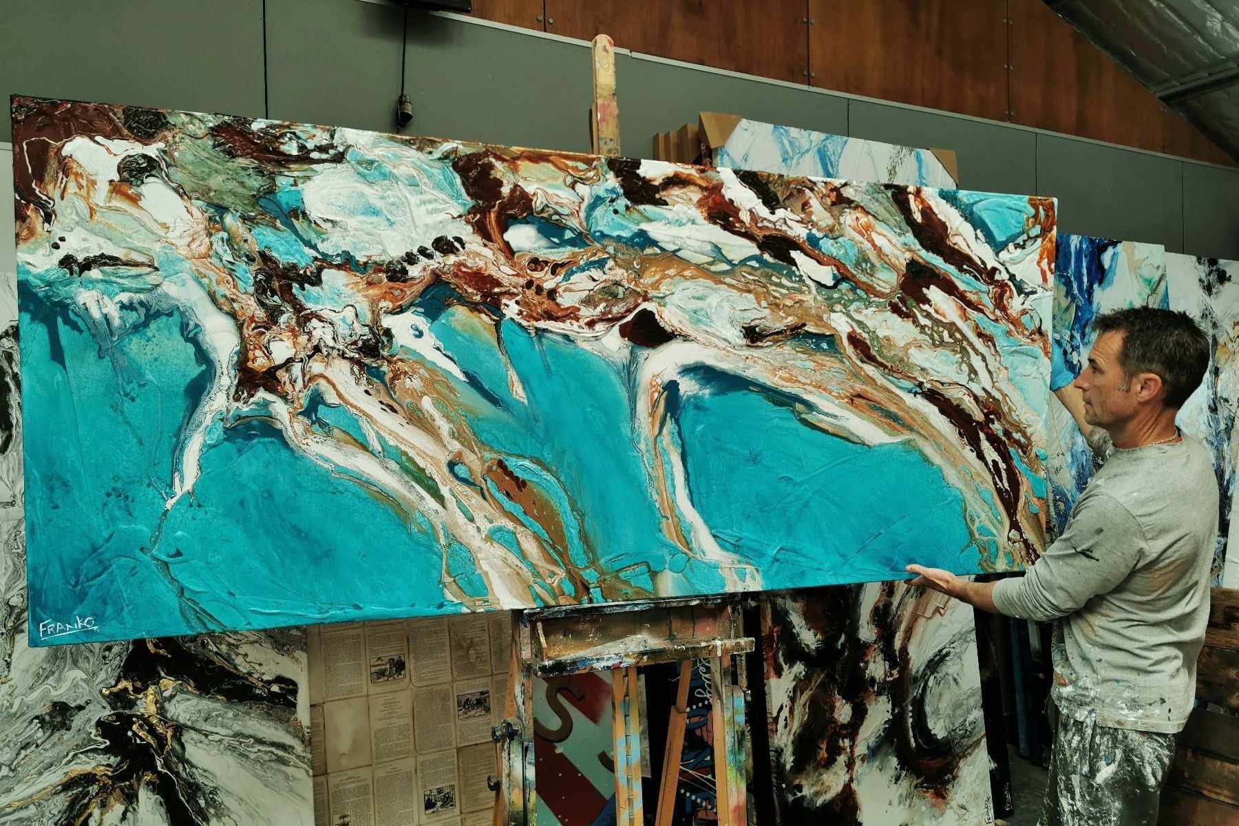 Teal Coast 240cm x 100cm Teal White Oxide Textured Abstract Painting (SOLD)-Abstract-[Franko Artist]-[Gold Coast]-[Brisbane]-[Huge]-Franklin Art Studio