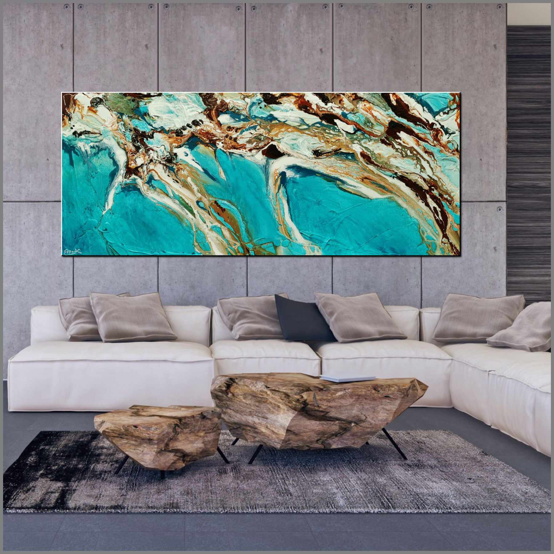 Teal Coast 240cm x 100cm Teal White Oxide Textured Abstract Painting (SOLD)-Abstract-Franklin Art Studio-[Franko]-[huge_art]-[Australia]-Franklin Art Studio
