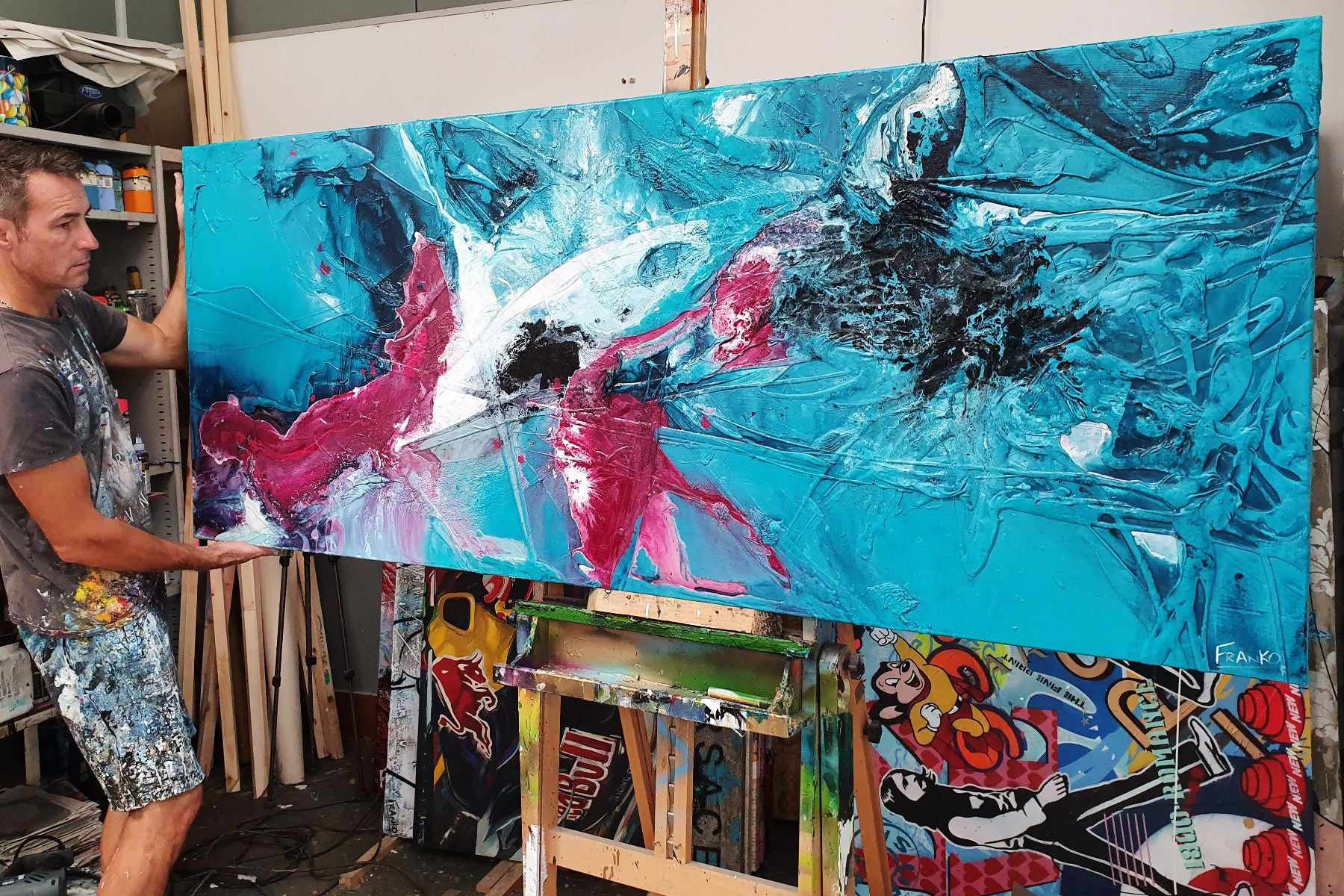 Teal & Magenta 200cm x 80cm Magenta Turquoise Black White Textured Abstract Painting (SOLD)-Abstract-[Franko Artist]-[Gold Coast]-[Brisbane]-[Huge]-Franklin Art Studio