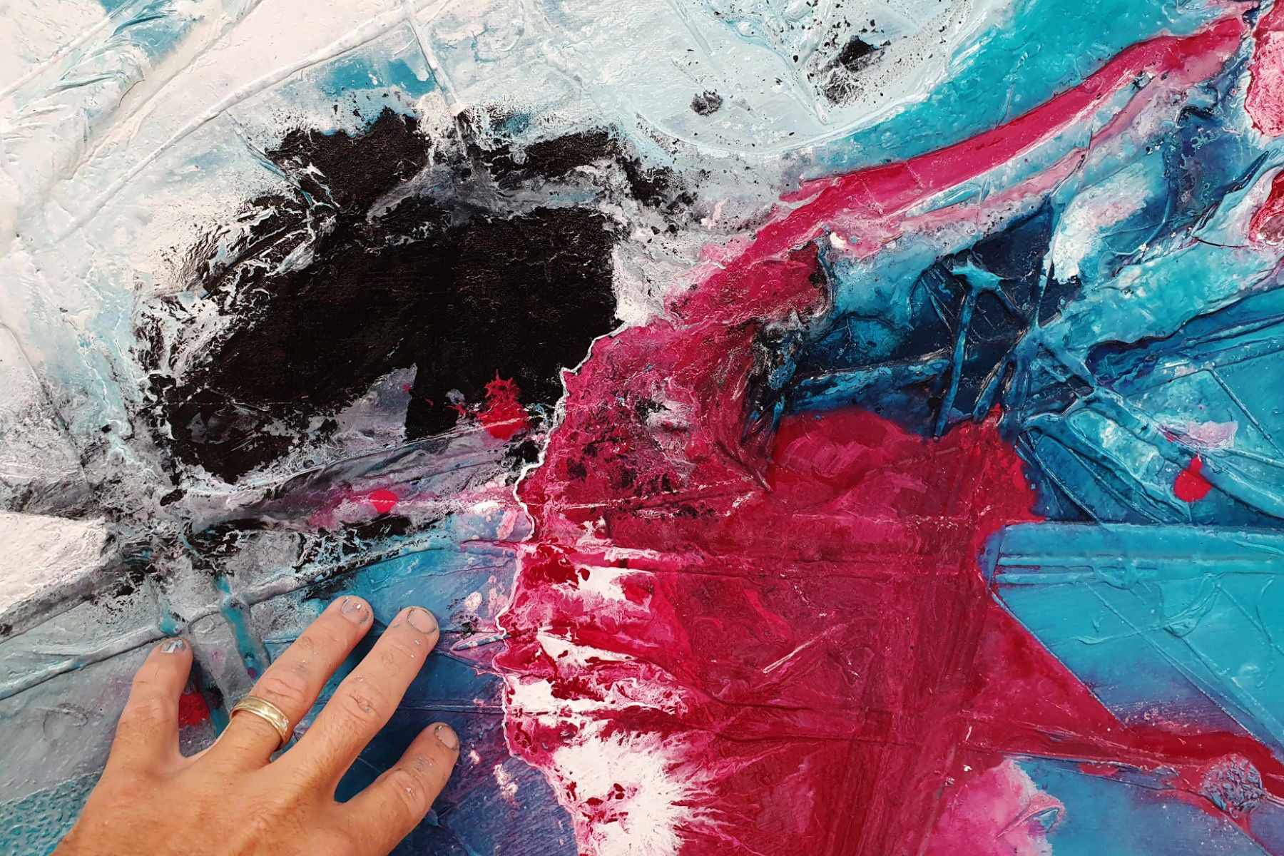 Teal & Magenta 200cm x 80cm Magenta Turquoise Black White Textured Abstract Painting  (SOLD)