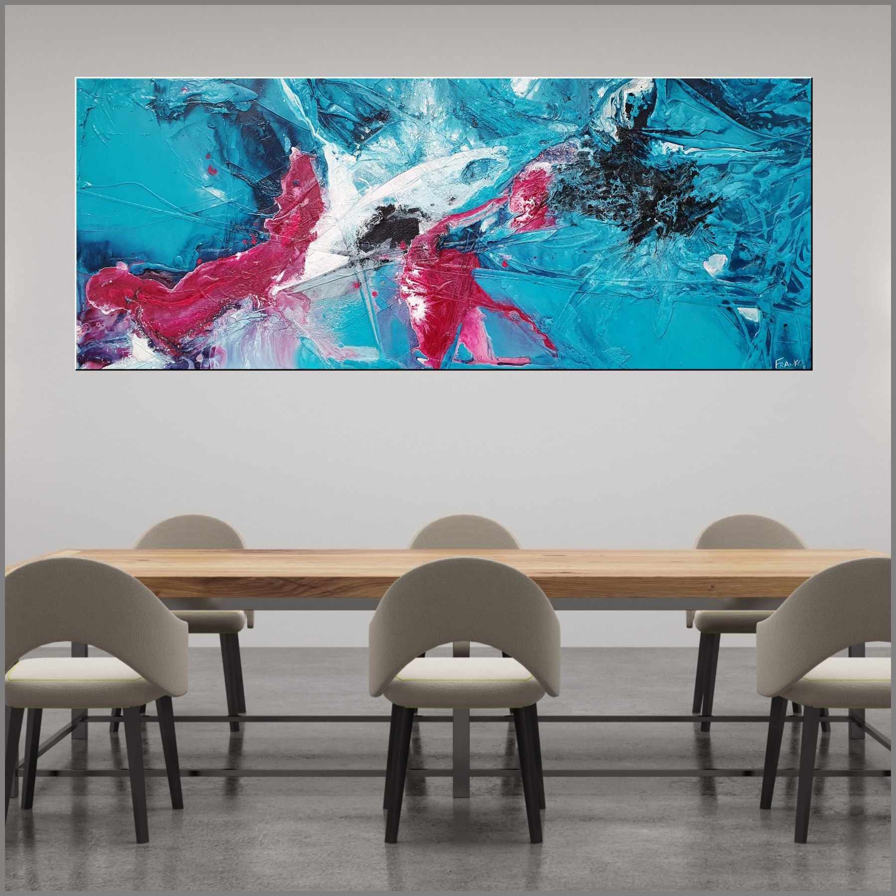 Teal & Magenta 200cm x 80cm Magenta Turquoise Black White Textured Abstract Painting (SOLD)-Abstract-Franko-[huge]-[Australian]-[best Selling]-Franklin Art Studio
