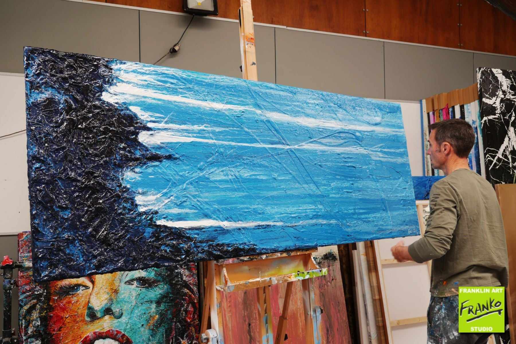 Teal Survivor 200cm x 80cm Blue Black Textured Abstract Painting (SOLD)-Abstract-[Franko Artist]-[Gold Coast]-[Brisbane]-[Huge]-Franklin Art Studio